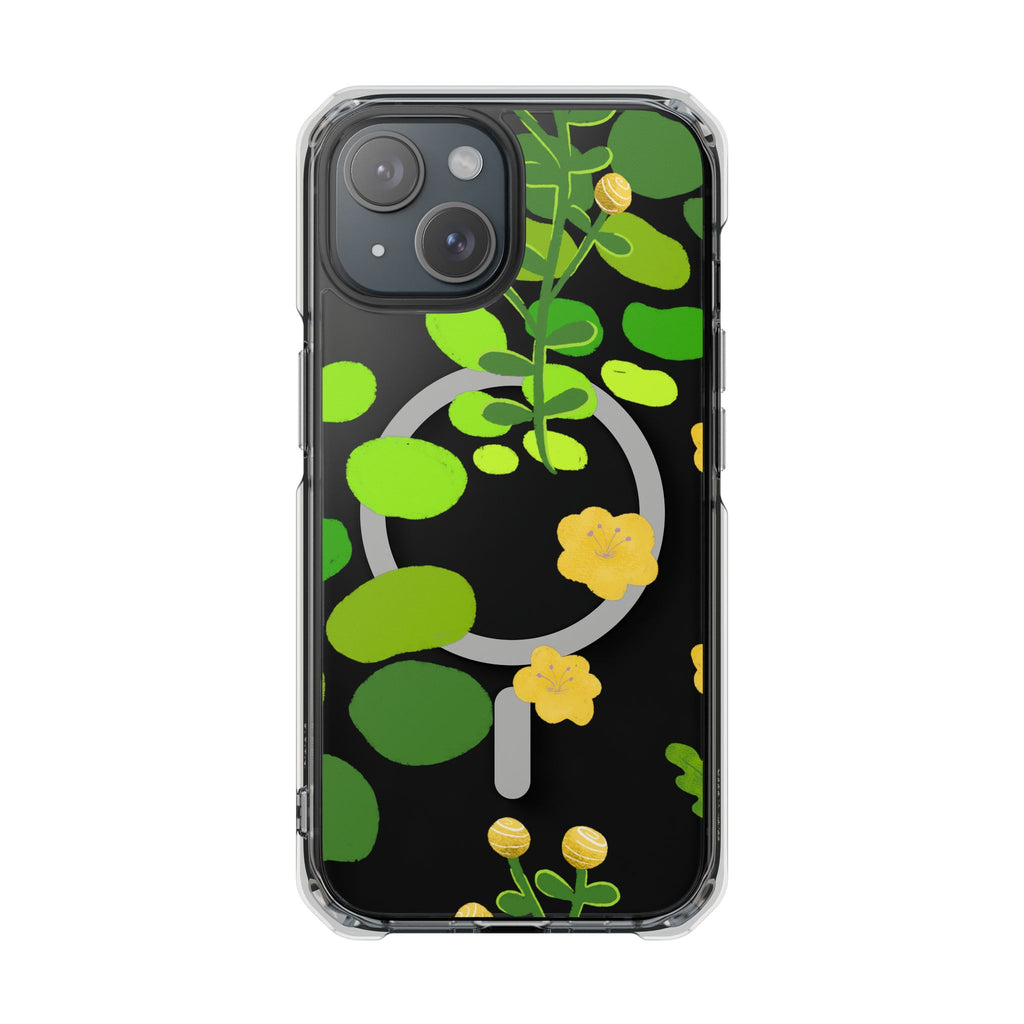Clear MagSafe phone case with green vines and yellow flowers botanical design on transparent background