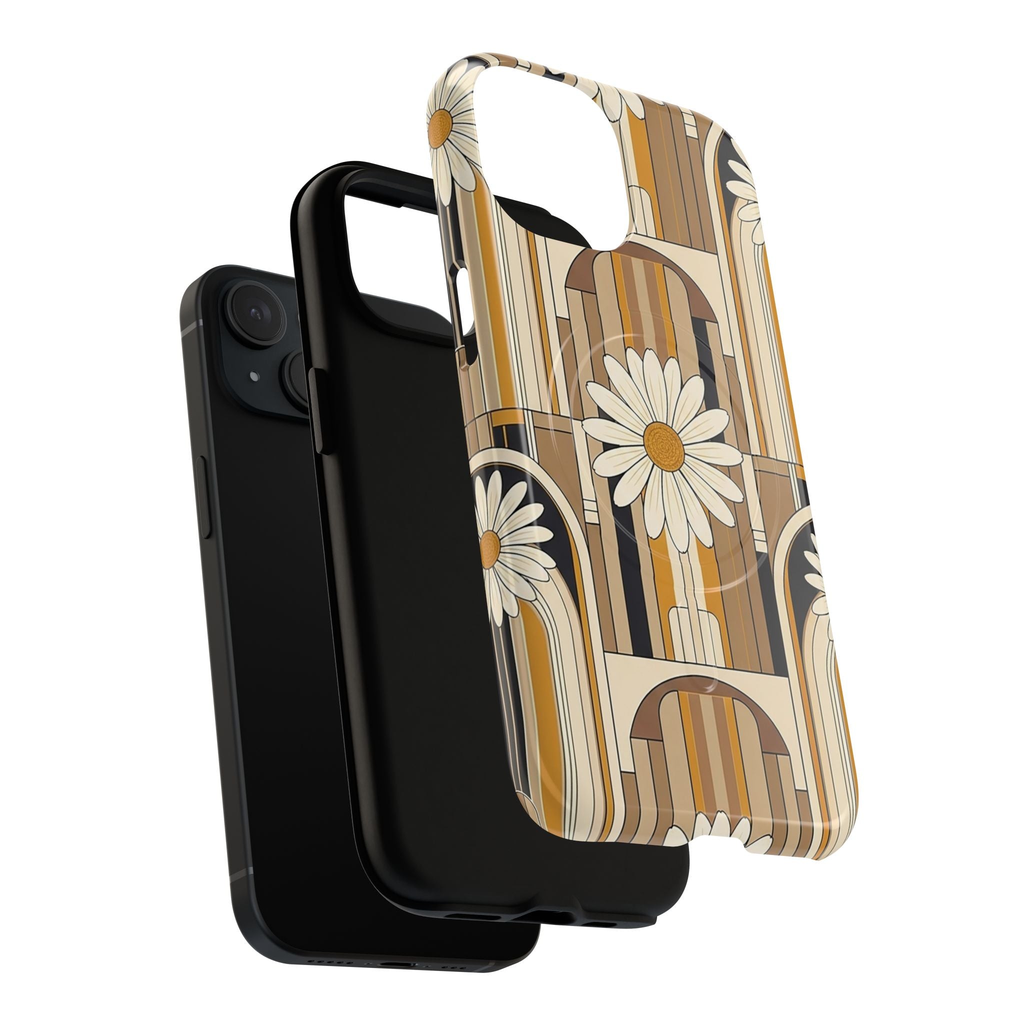 Close-up of retro 70s daisy and geometric arch pattern on protective phone case
