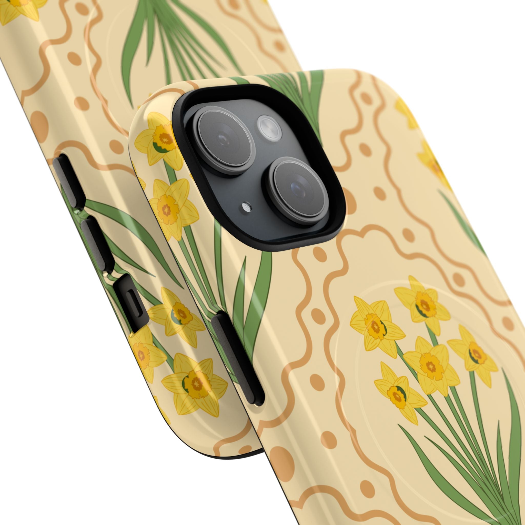 Spring daffodil MagSafe iPhone case featuring cheerful buttery yellow daffodils with flowing organic lines in warm cream tones - dual-layer tough magnetic protective phone case with vintage botanical design, compatible with iPhone 14, 15, 16, 17 and Pro Max models