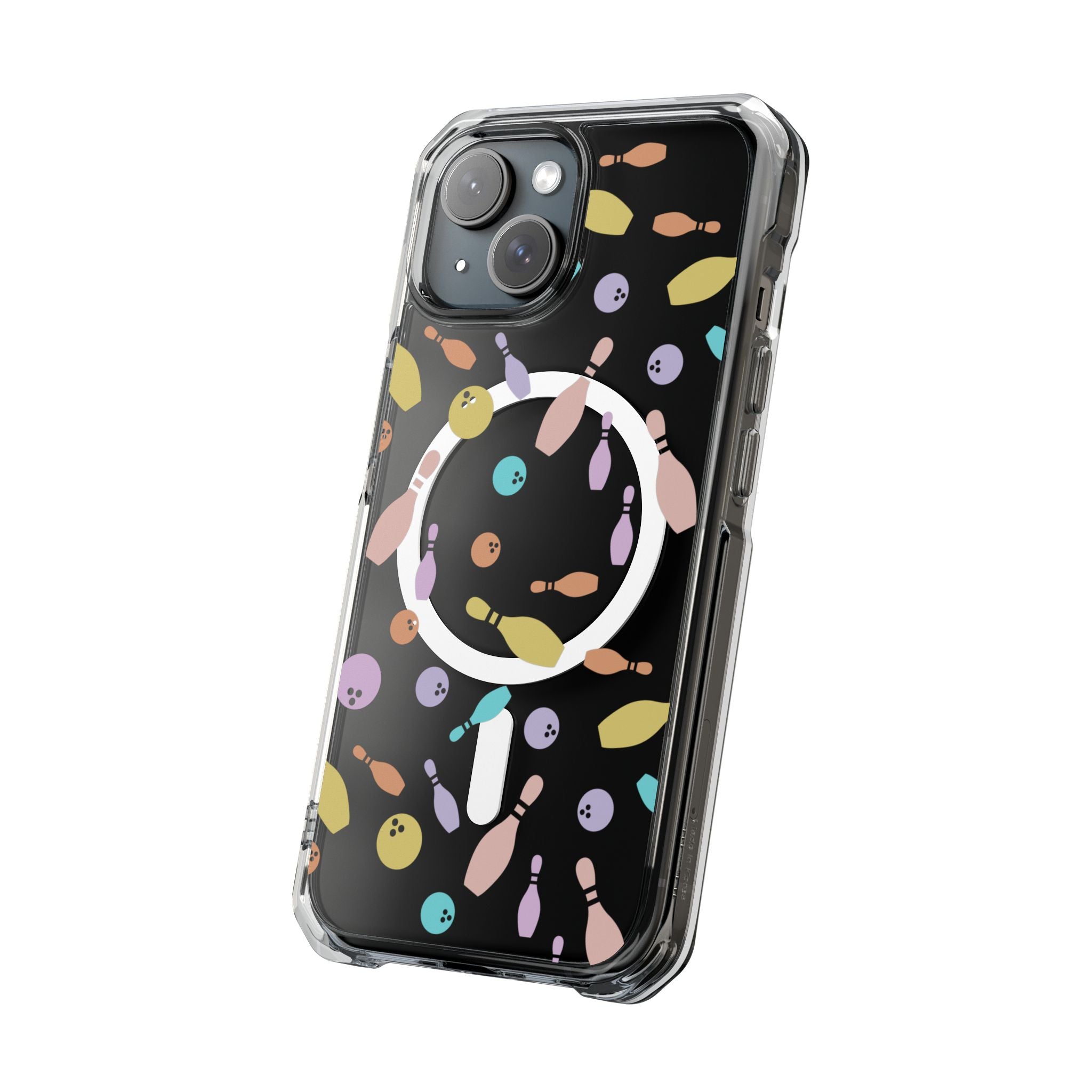 Clear MagSafe Phone Case with Pastel Bowling Pins & Balls Design