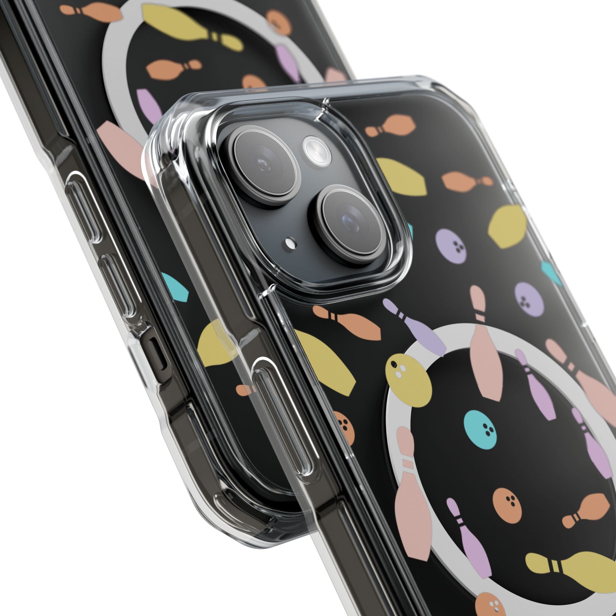 Clear MagSafe Phone Case with Pastel Bowling Pins & Balls Design