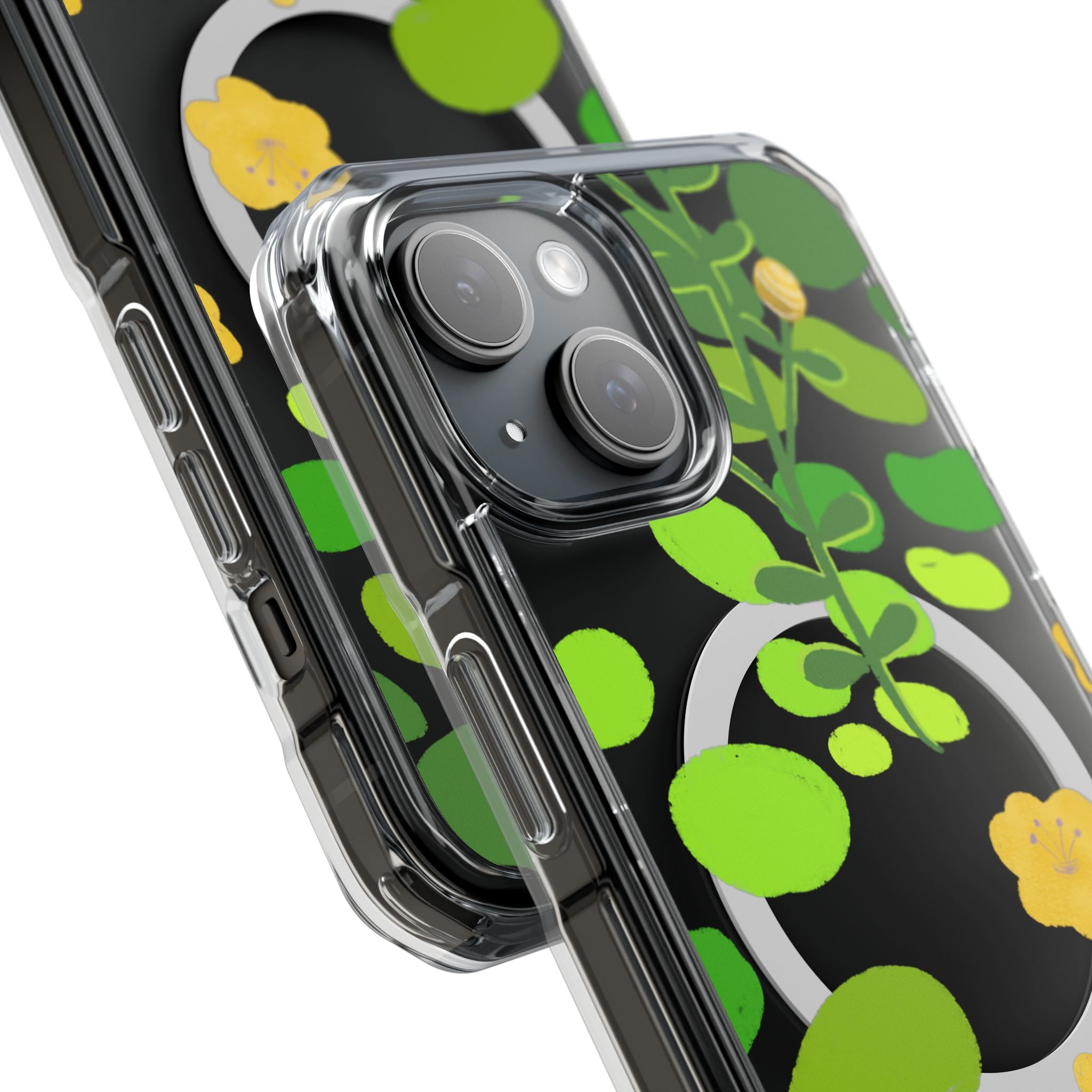  Vibrant green cascading vines with small yellow flower blooms printed on transparent polycarbonate clear phone case with embedded MagSafe magnetic ring and air-cushioned TPU corners for impact protection