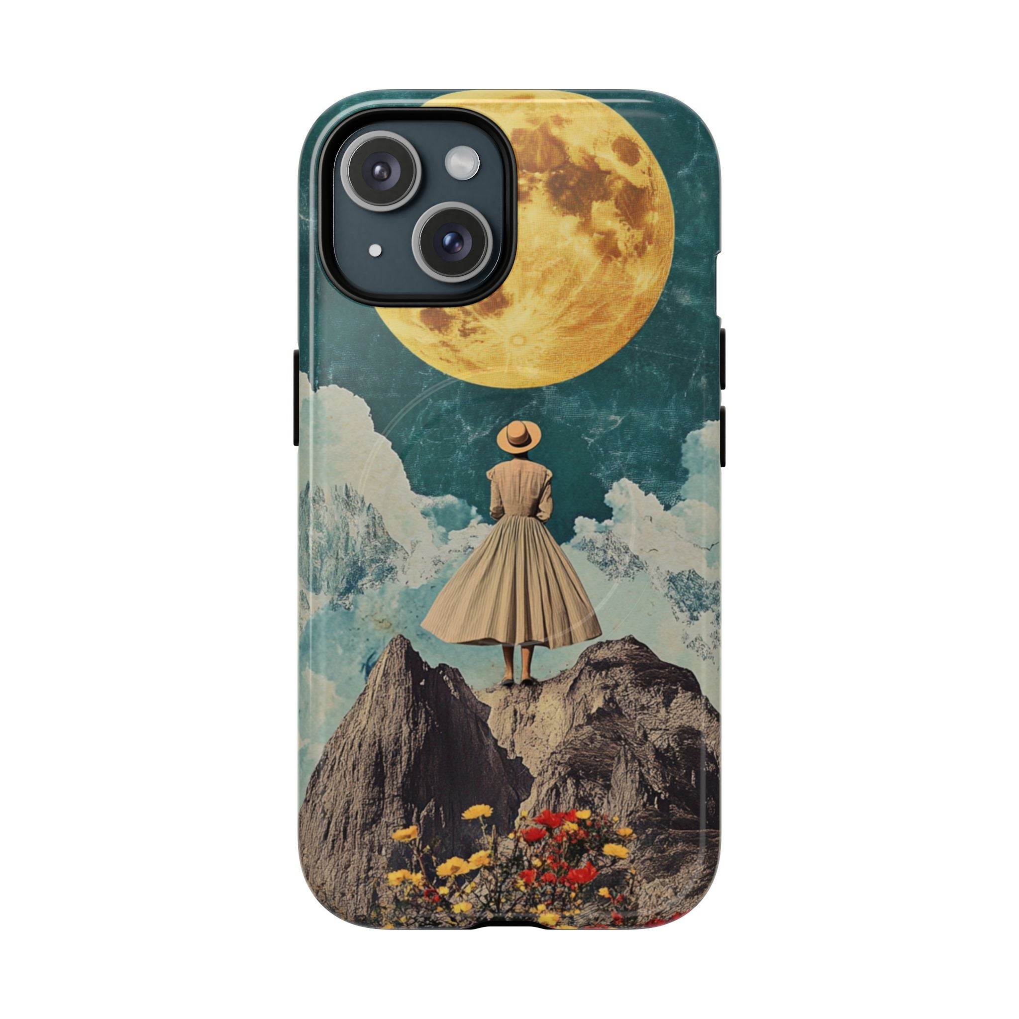 Vintage Moon Collage Phone Case with Surreal Woman on Cliff and MagSafe