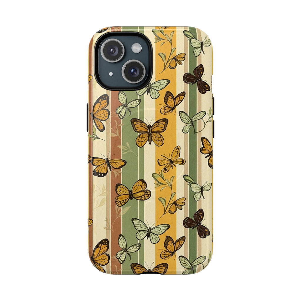  Butterfly Stripes Retro Phone Case in Yellow and Green Floral Design with MagSafe