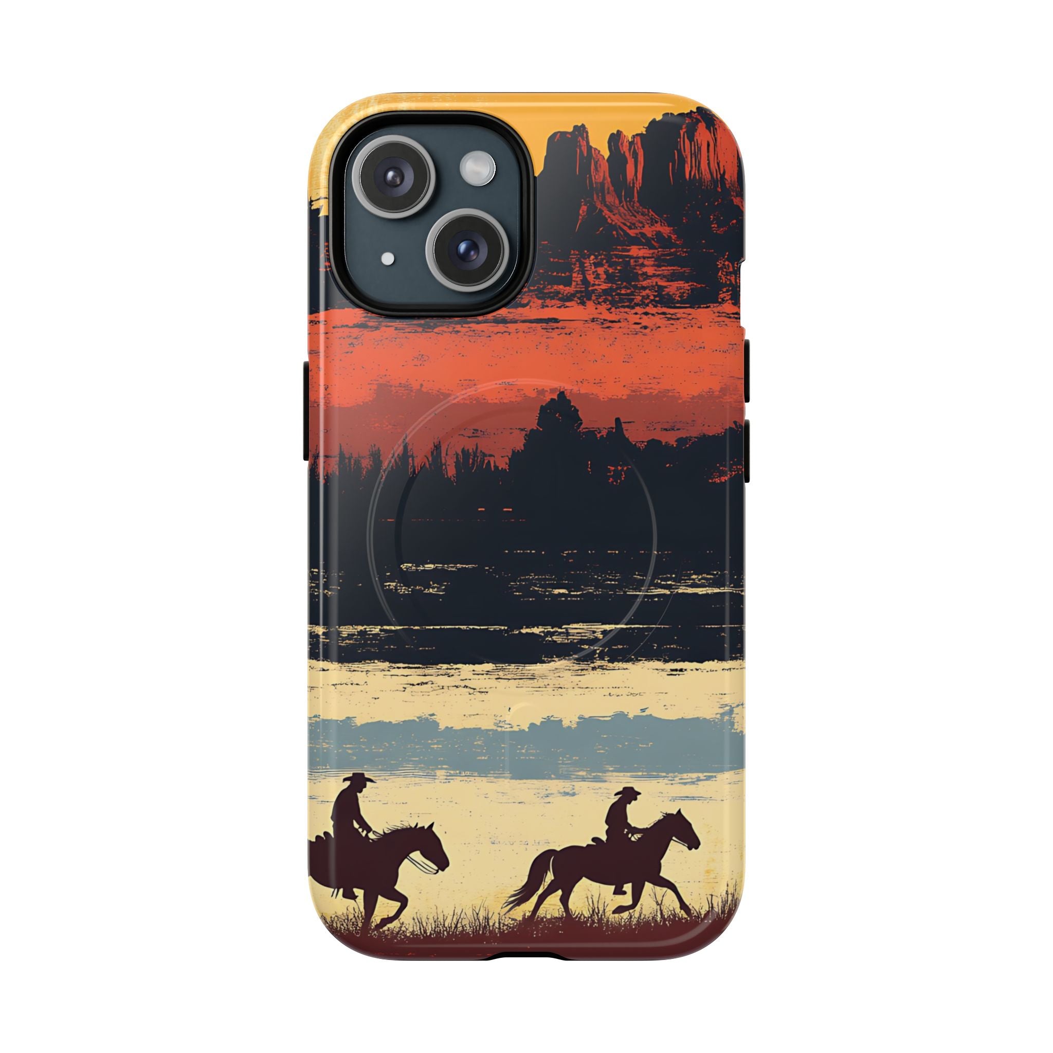 Western sunset cowboy MagSafe phone case with desert buttes and rider silhouettes
