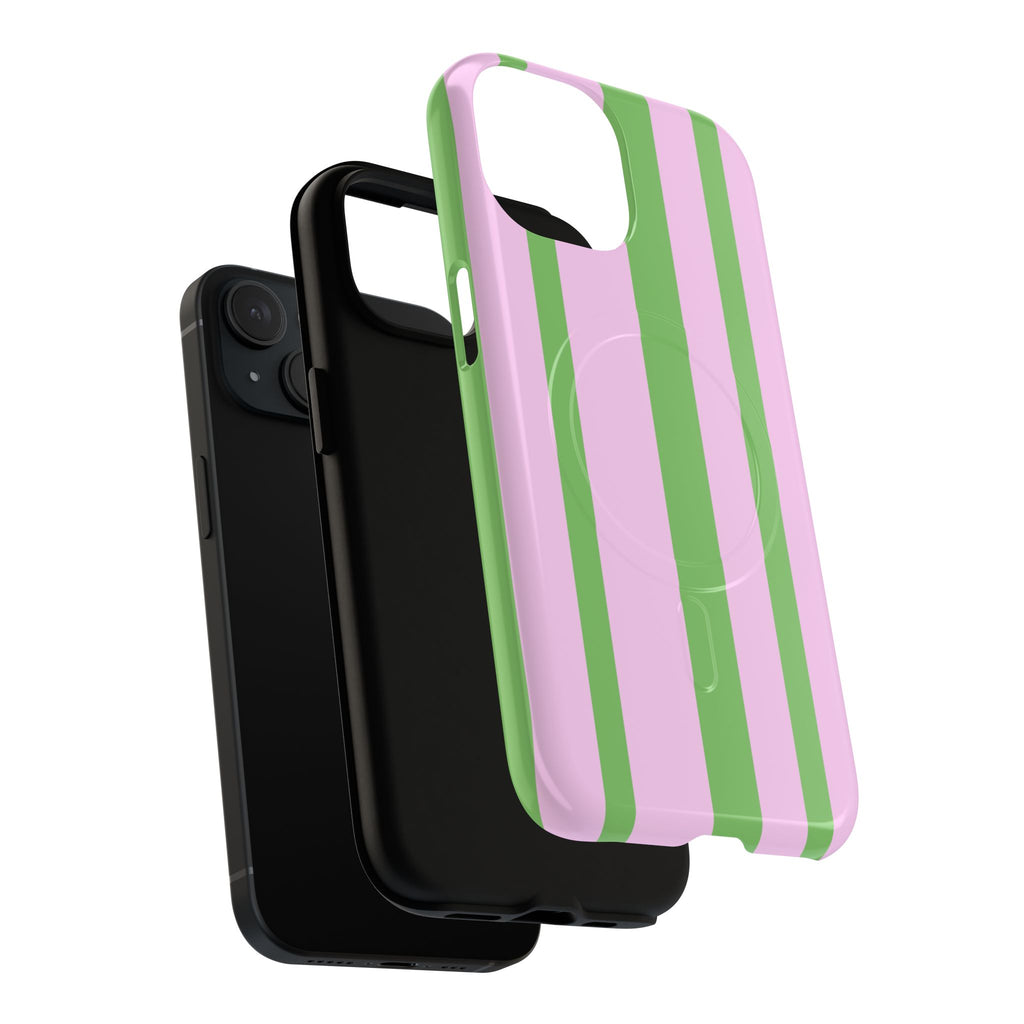 Pink & Green Striped Tough Case detail showing dual-layer protection and MagSafe compatibility