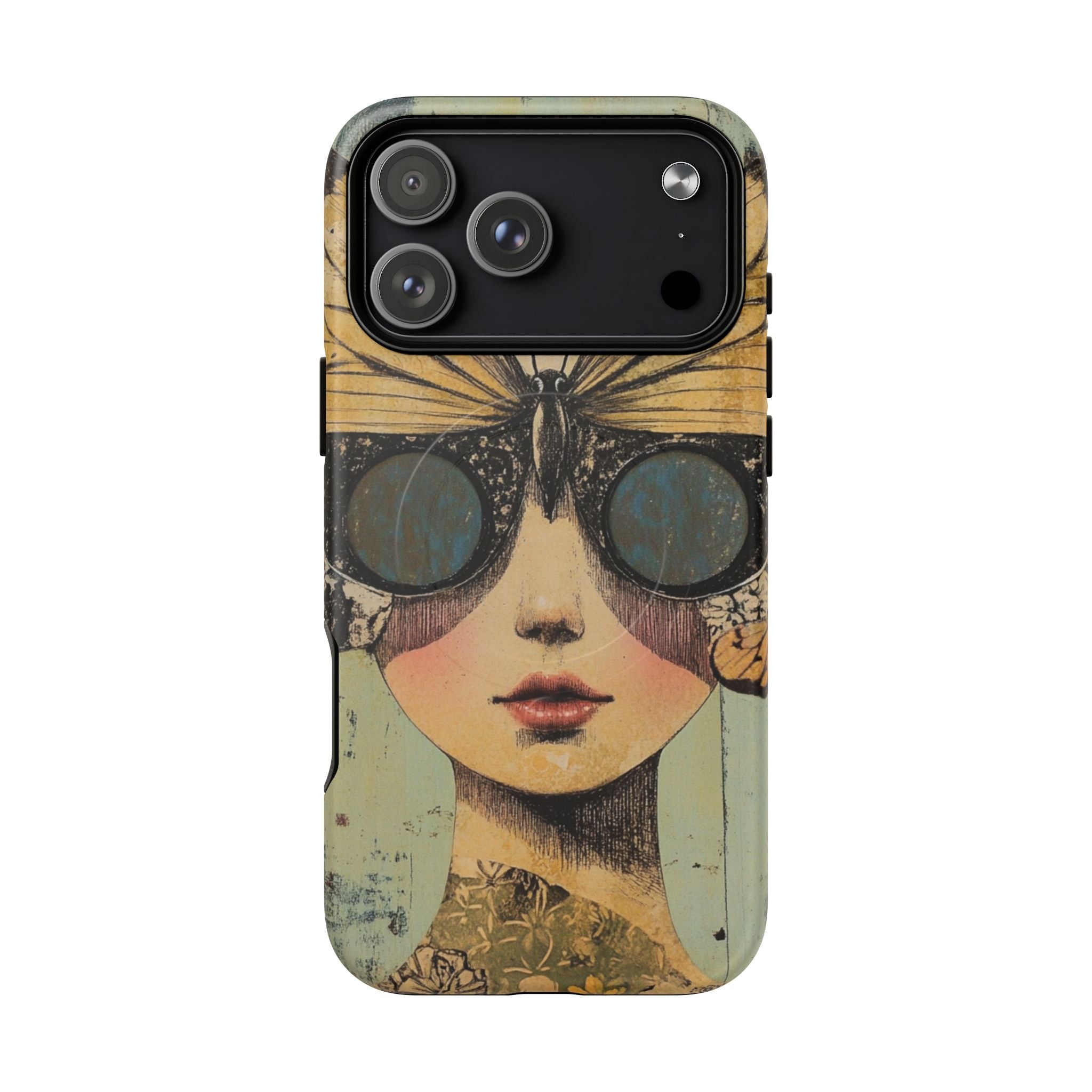 Vintage-inspired portrait of girl with butterfly wings and reflective glasses in muted green and ochre tones for whimsical phone protection