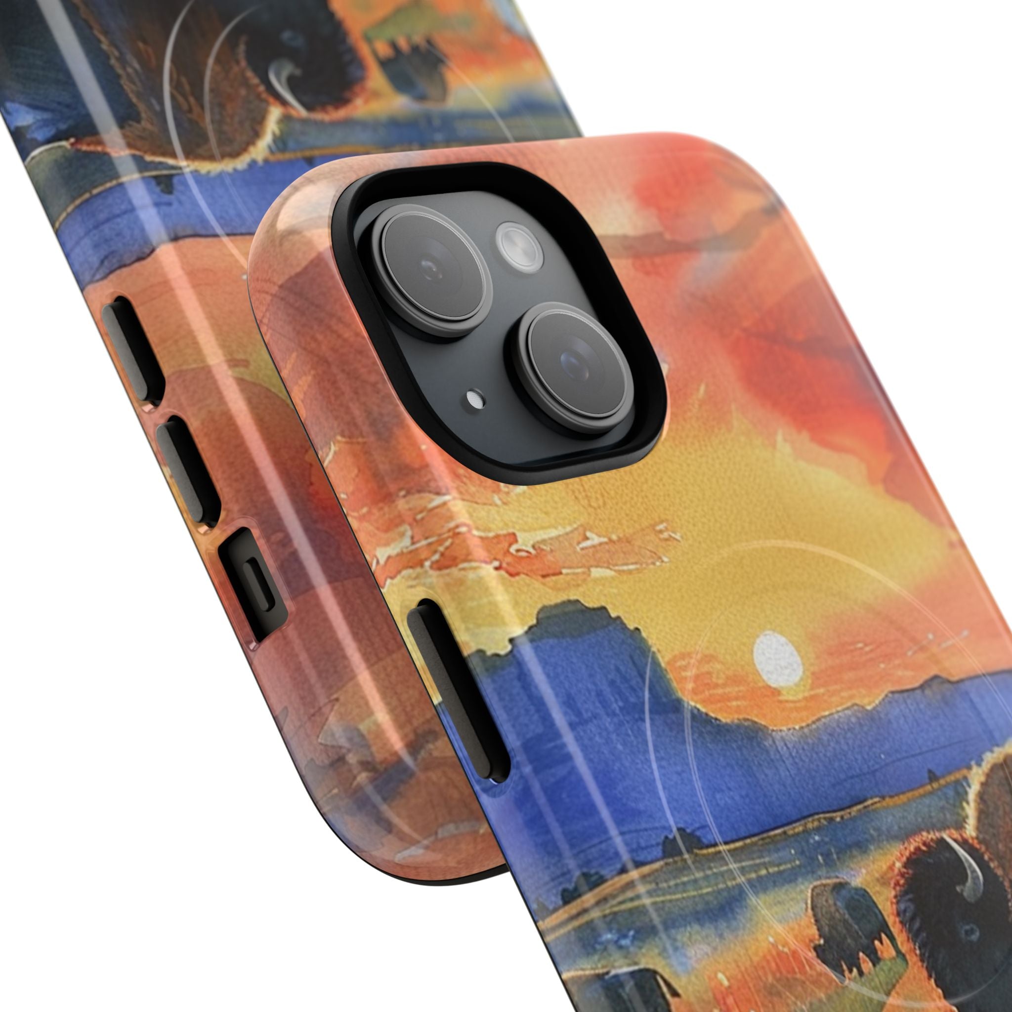 Majestic bison silhouette against vibrant orange and pink sunset sky with warm gradient tones - rustic wildlife nature-inspired phone case design featuring American West wilderness landscape, dual-layer protective MagSafe compatible iPhone case by Wild Root Cases