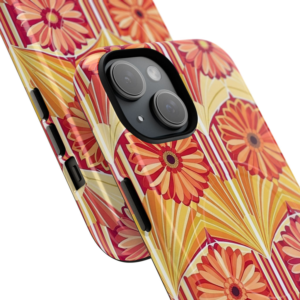  Retro floral orange and coral iPhone case with MagSafe compatibility featuring dual-layer protective construction, vintage daisy and geometric fan motifs in sunset hues with glossy or matte finish for wireless charging