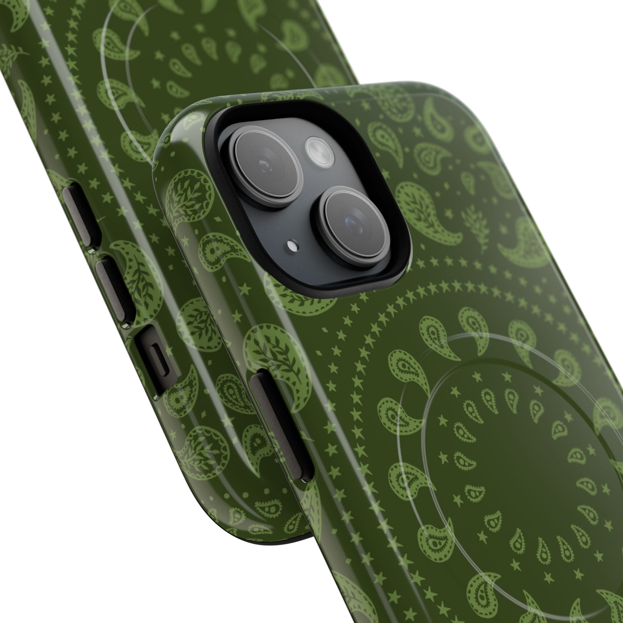 Olive green paisley MagSafe phone case featuring intricate mandala-inspired patterns and delicate teardrop motifs - boho-chic earthy iPhone cover with dual-layer protection and wireless charging compatibility