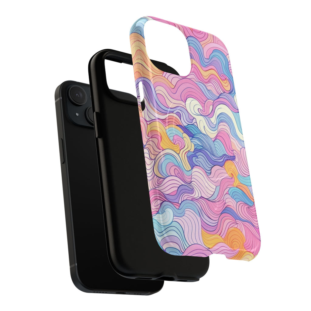 Colorful pastel watercolor swirl phone case showing MagSafe compatibility and abstract design