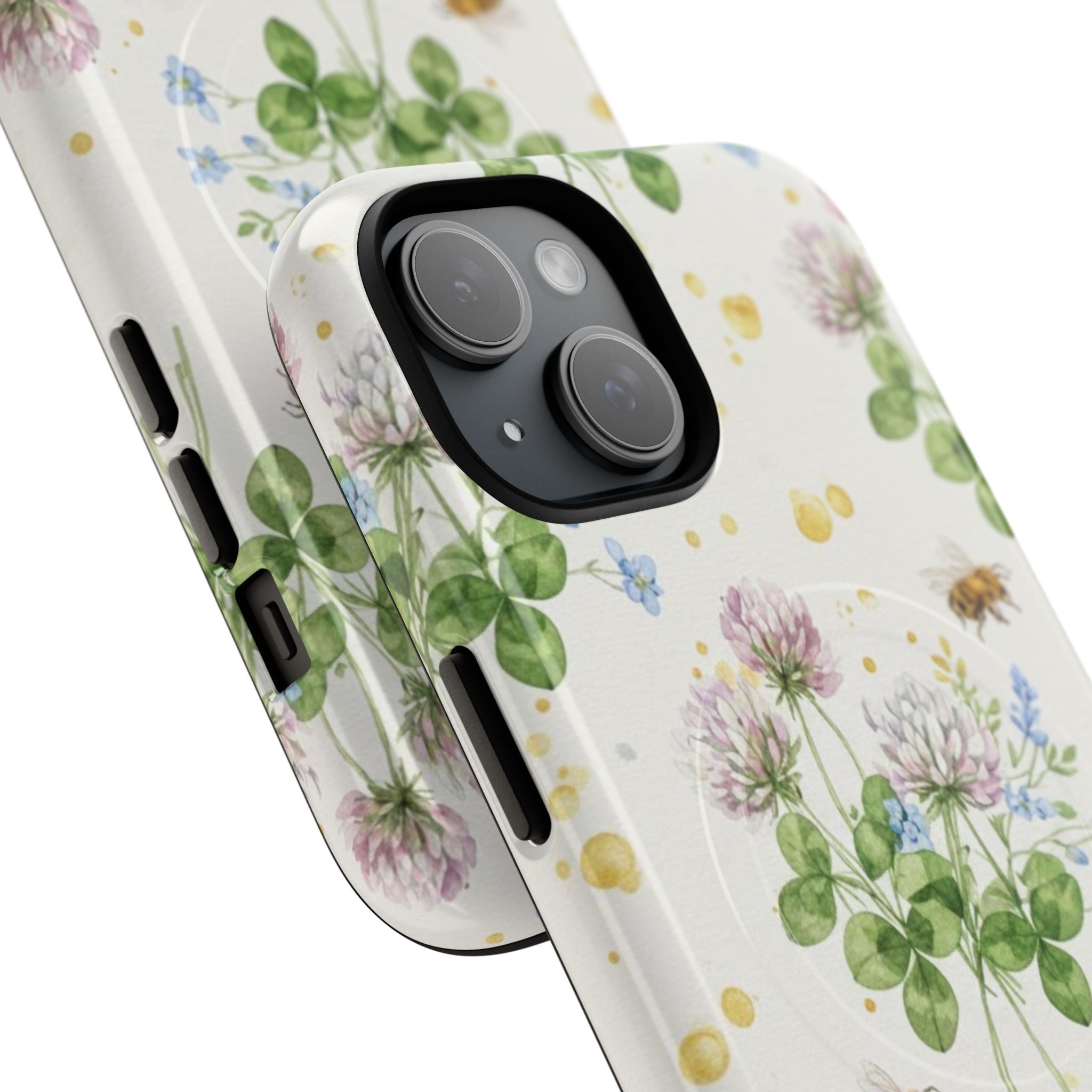 Soft clover and wildflower illustrations with tiny bees and pollen specks for garden-inspired phone protection