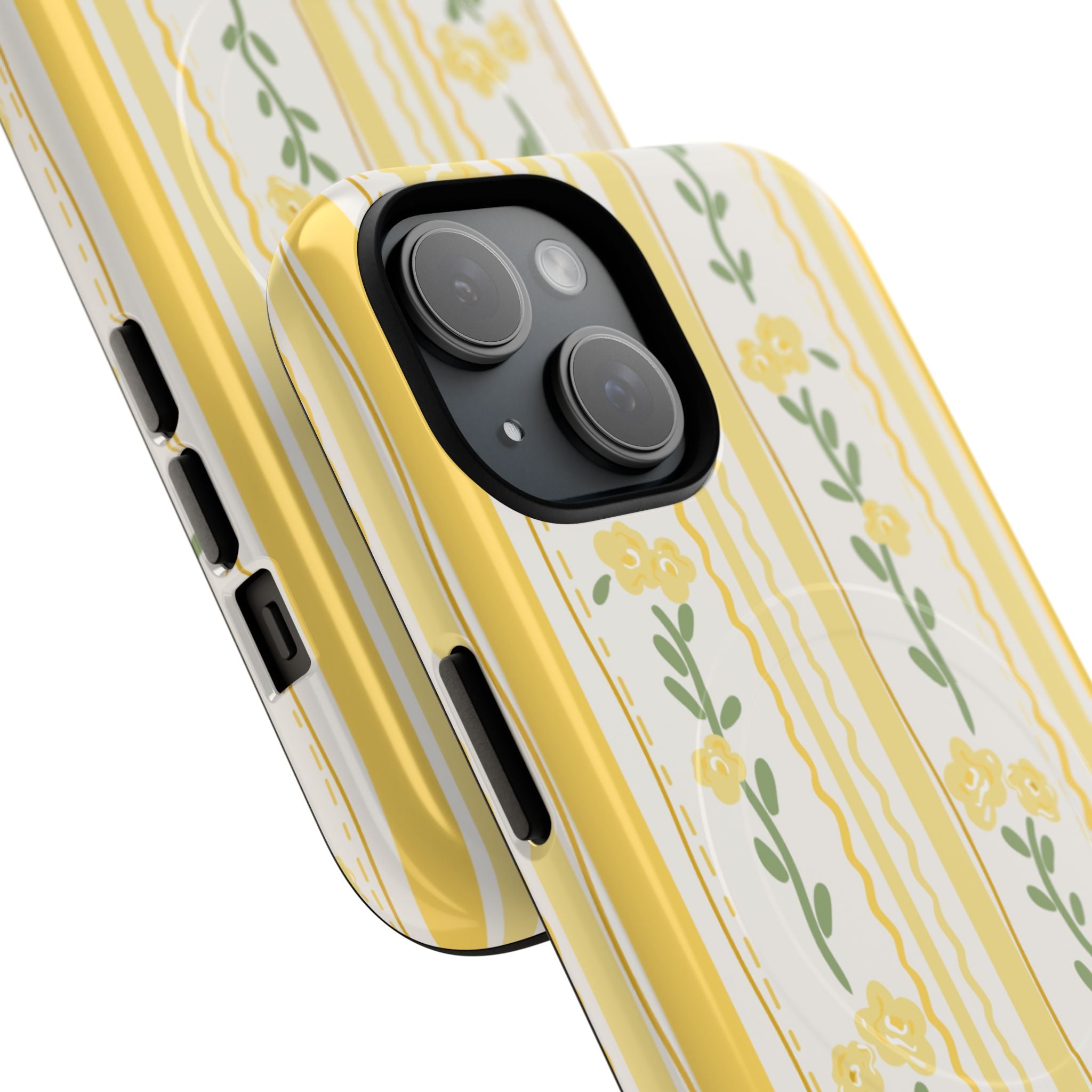 Hand-drawn yellow stripe and wildflower vine pattern on dual-layer protective MagSafe phone case with cottagecore aesthetic