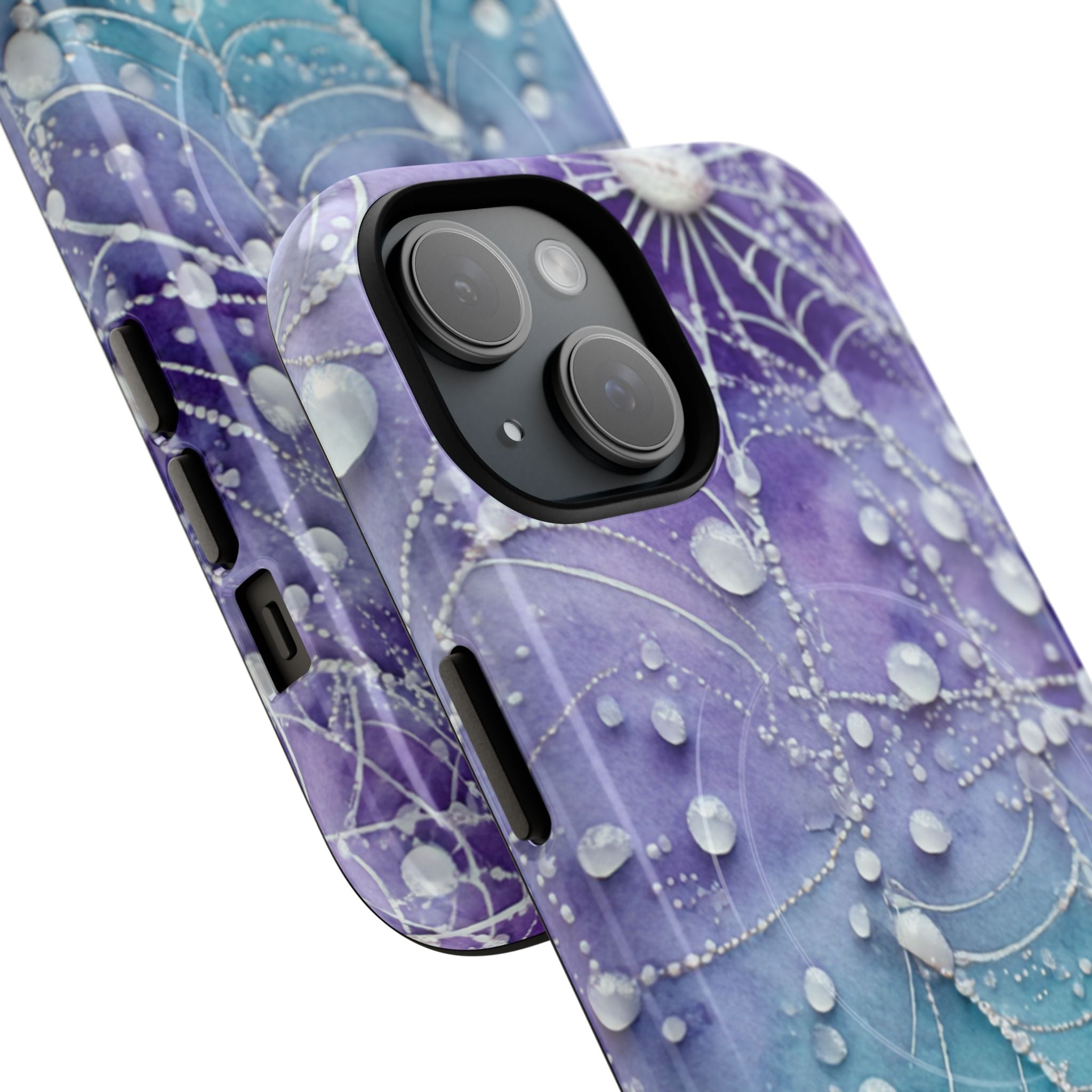 Ethereal spiderweb design with dew drops in twilight purple and sea-glass blue on MagSafe-compatible dual-layer iPhone case