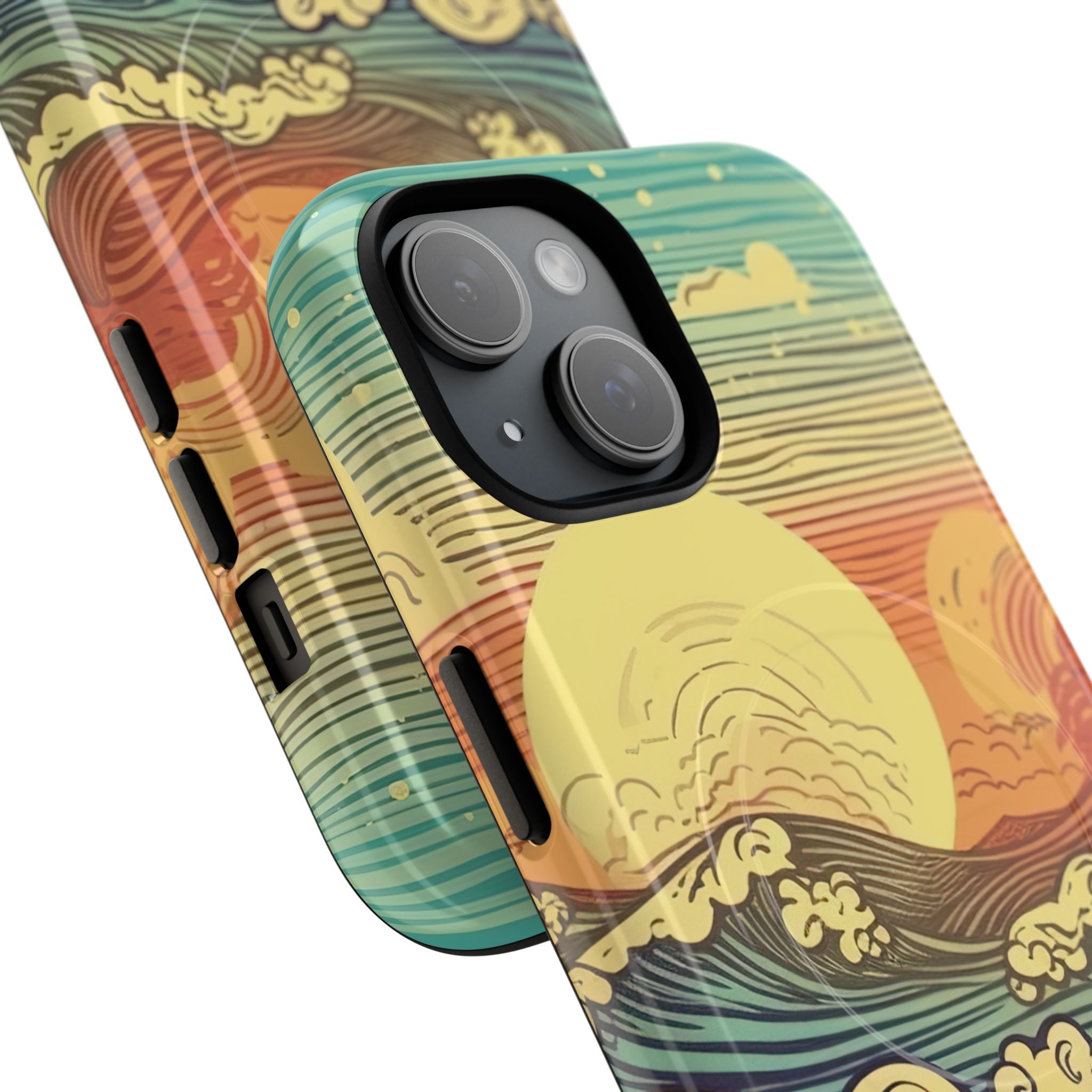 Retro wave art design featuring teal and indigo ocean waves with cream foam crests and warm sunset sky in layered stripes, hand-drawn coastal seascape illustration on protective phone case