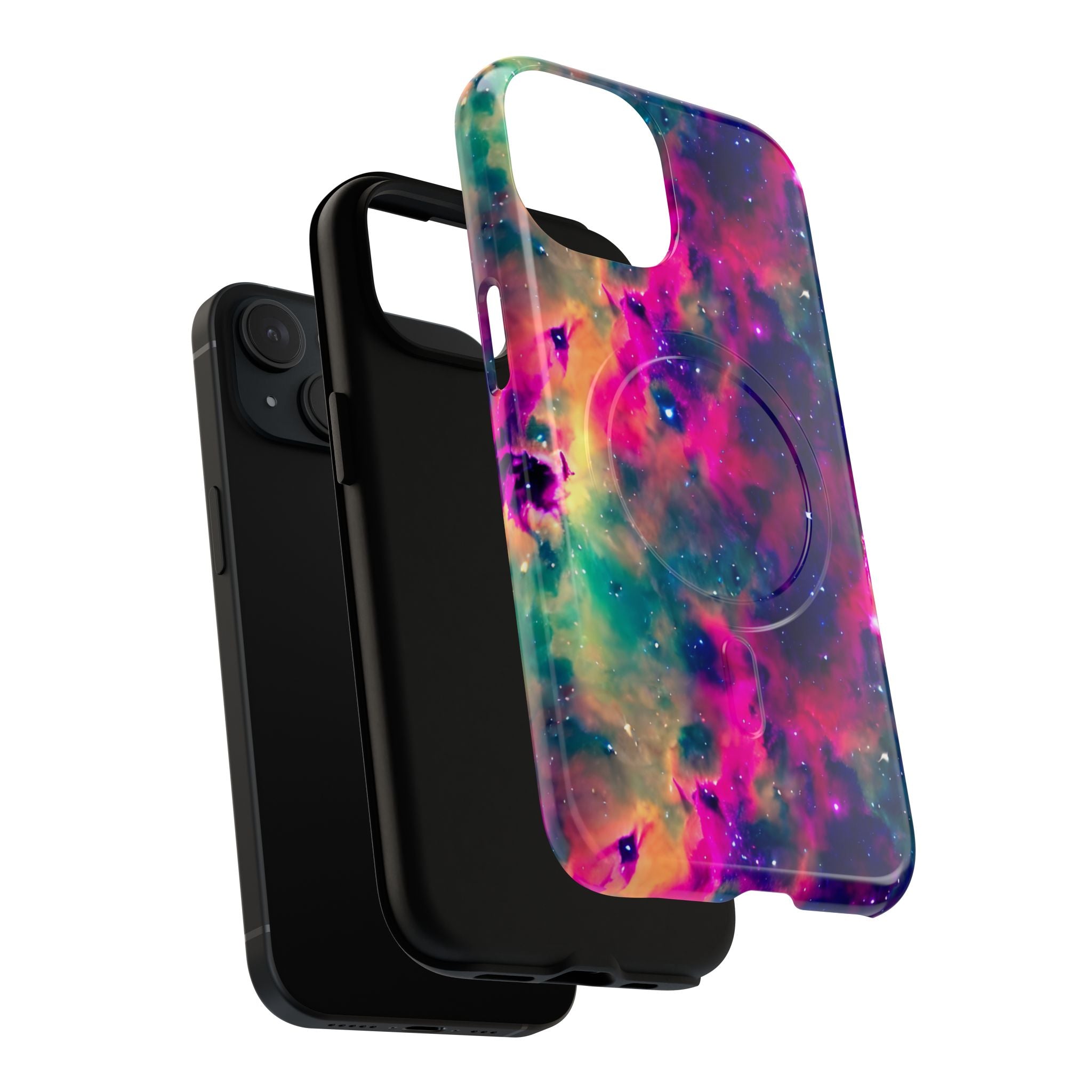 Dual-layer tough magnetic phone case showing galaxy nebula colorful space design
