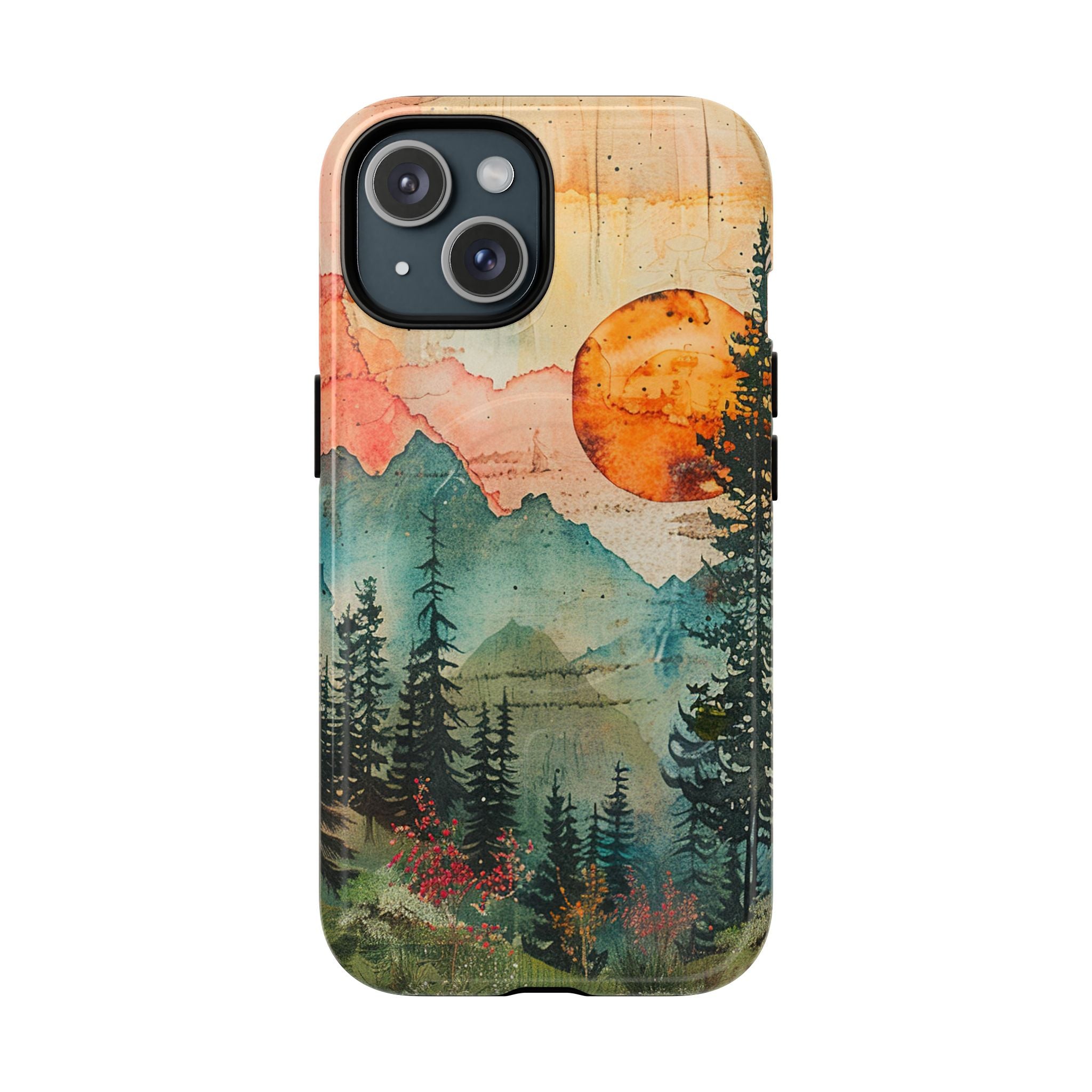 Mountain Sunset Tough Magnetic Phone Case with vintage forest landscape