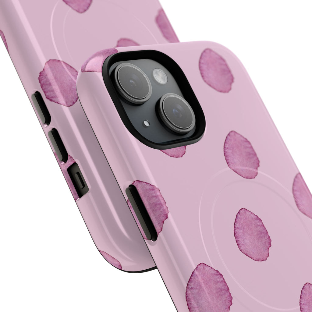 Purple watercolor petal iPhone case with MagSafe compatibility featuring dual-layer protective construction, hand-painted translucent floral design on pale purple background with glossy or matte finish for wireless charging