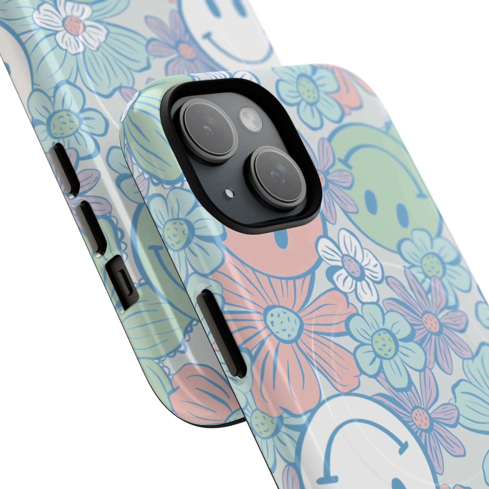 Floral Smiley Magnetic Tough Case — Pastel Flower Phone Case with Happy Face Design