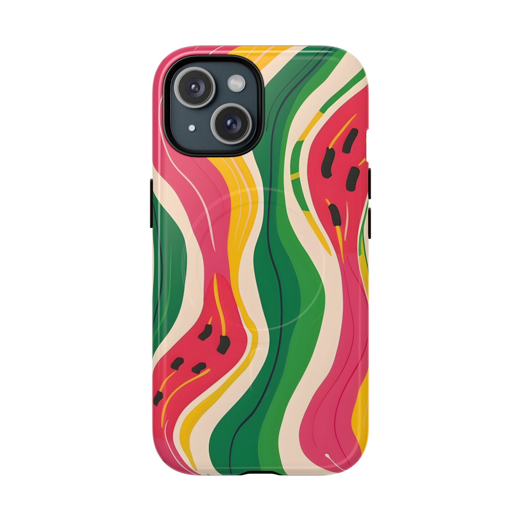 Watermelon wave MagSafe phone case with abstract pink green yellow pattern