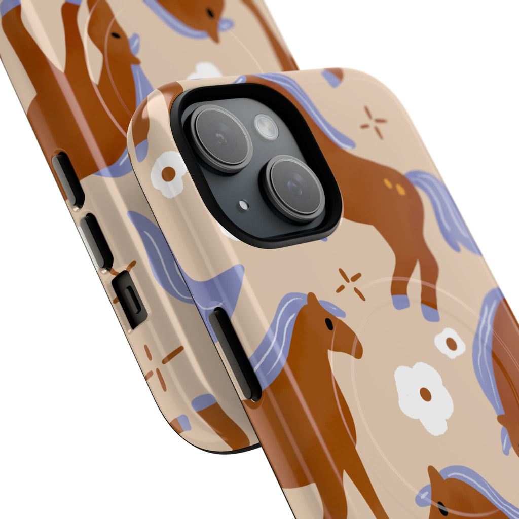 Chestnut ponies with lavender manes and hand-drawn florals on creamy beige background with whimsical equestrian design on MagSafe-compatible phone case