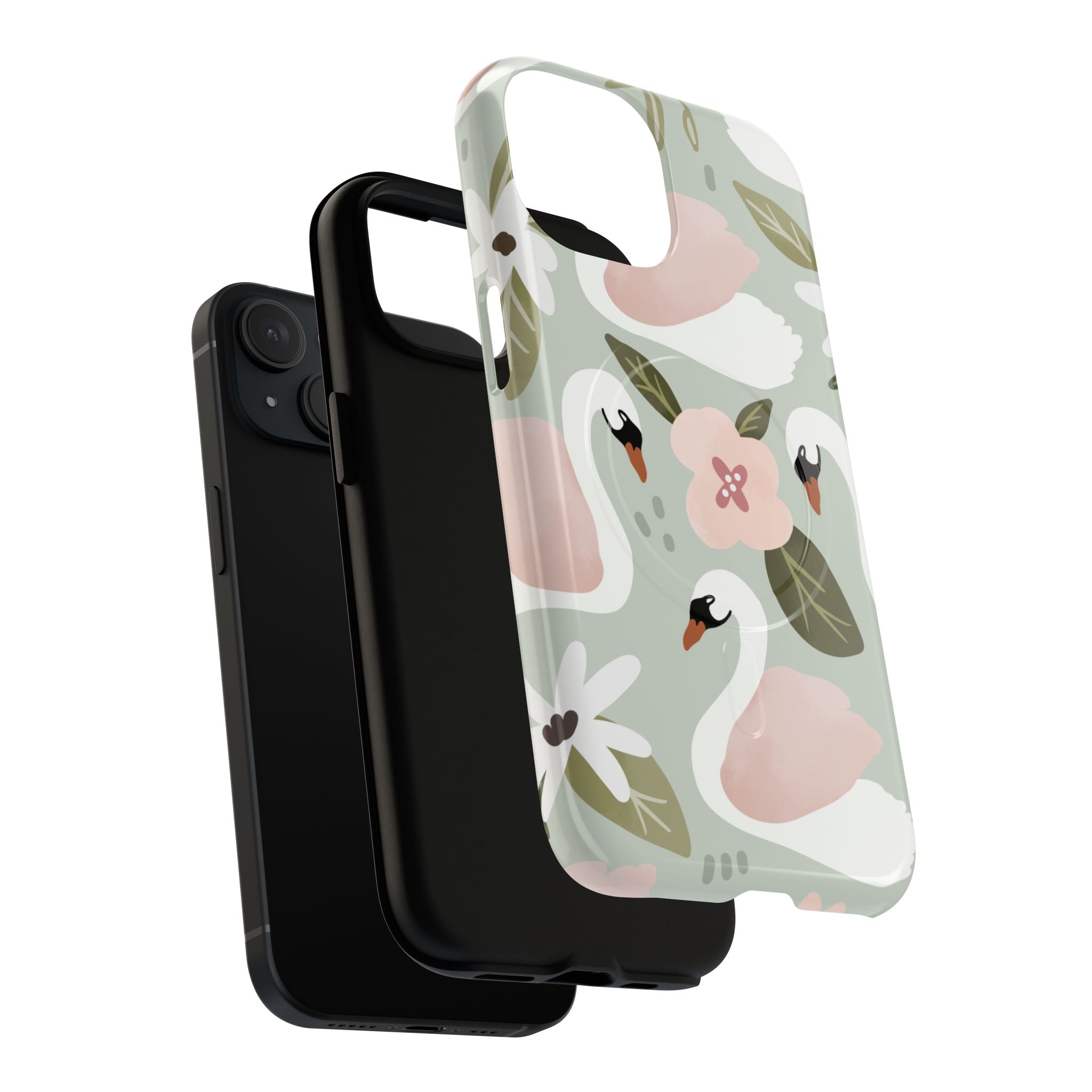 Swan floral watercolor tough case showing MagSafe compatibility and dual-layer construction