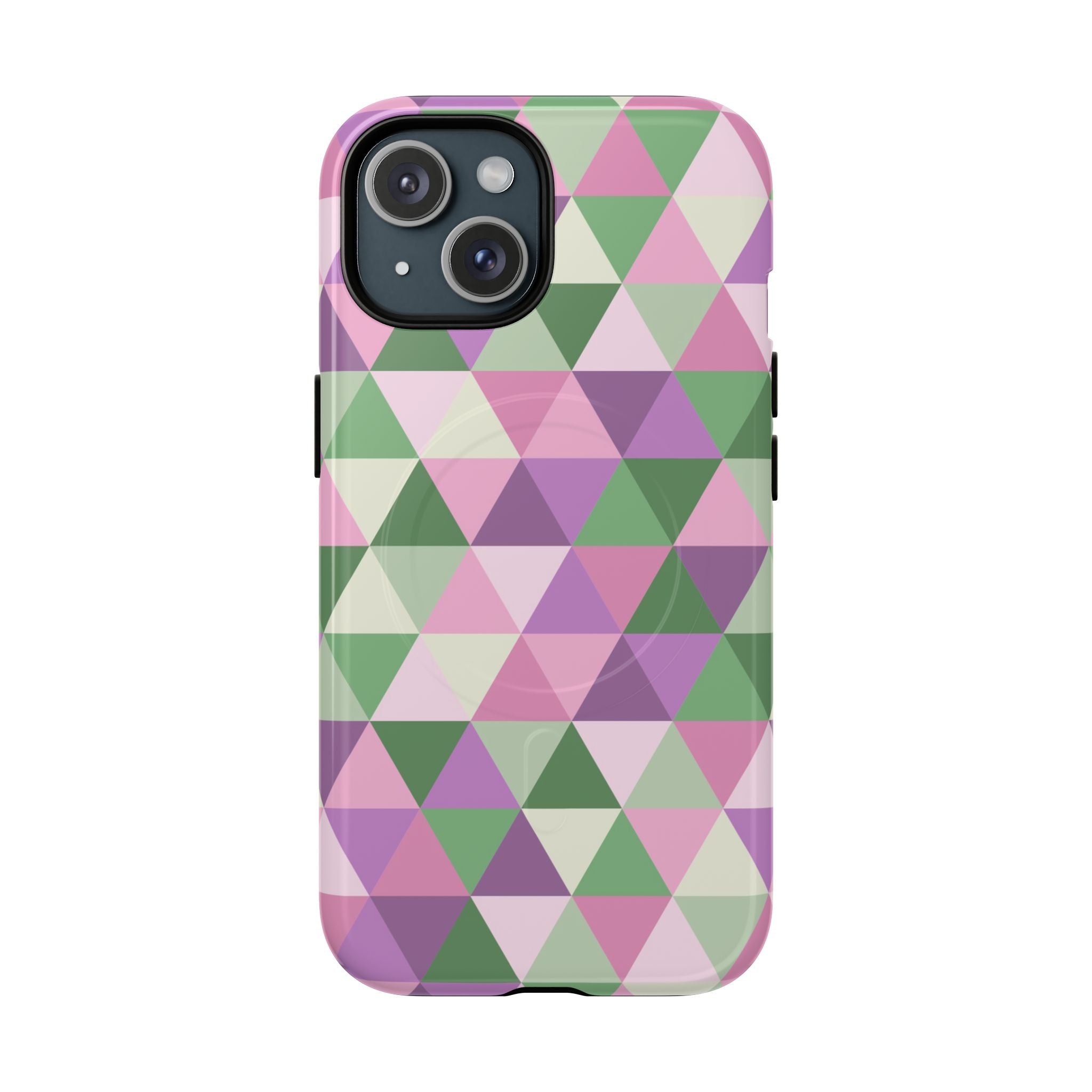 MagSafe tough phone case with geometric pink and green triangle pattern