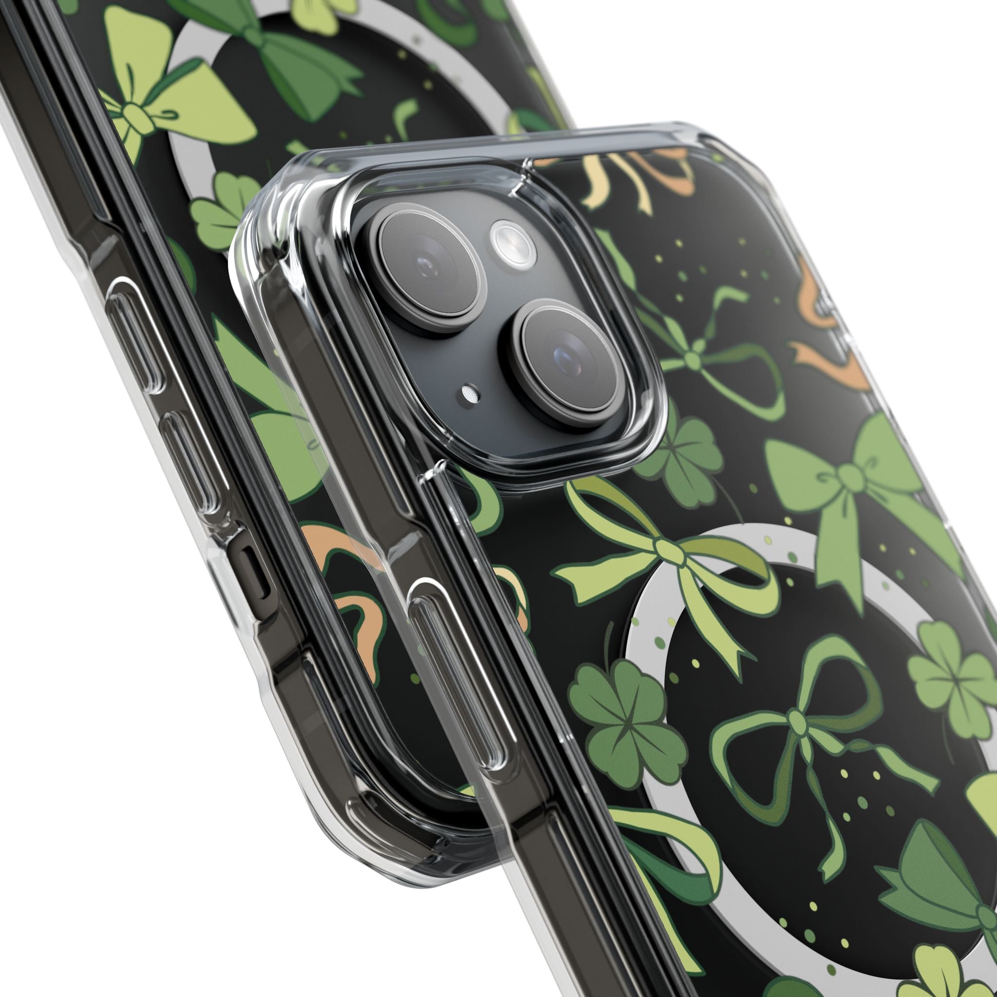 St. Patrick's Day clover and green bows clear MagSafe iPhone case featuring playful green bows and lucky shamrocks on black background - transparent polycarbonate protective phone case with built-in magnets and air-cushioned corners, compatible with iPhone 14, 15, 16, 17 and Pro Max models