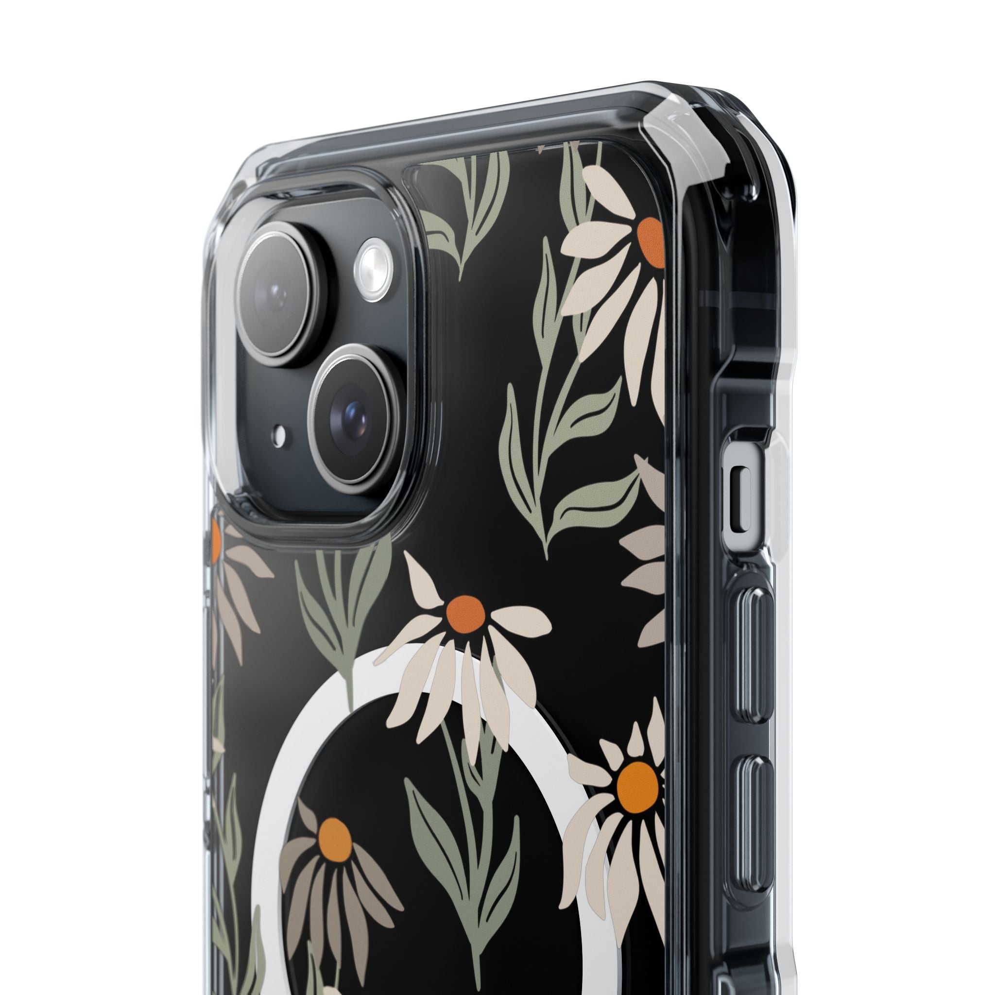 Clear Daisy Phone Case | MagSafe Black Floral Design