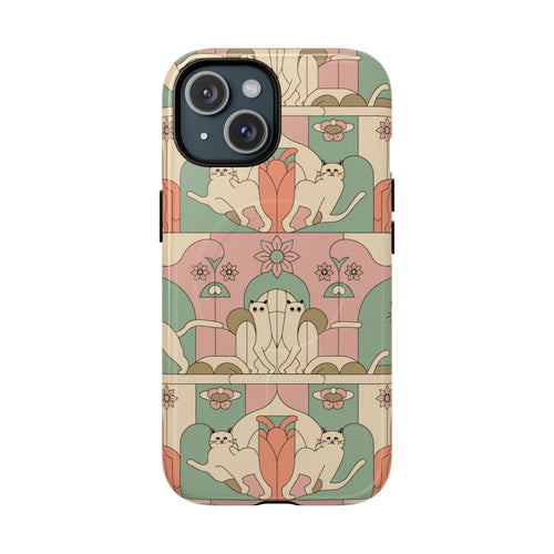 Art Deco Cat Phone Case with Vintage Feline Pattern and MagSafe