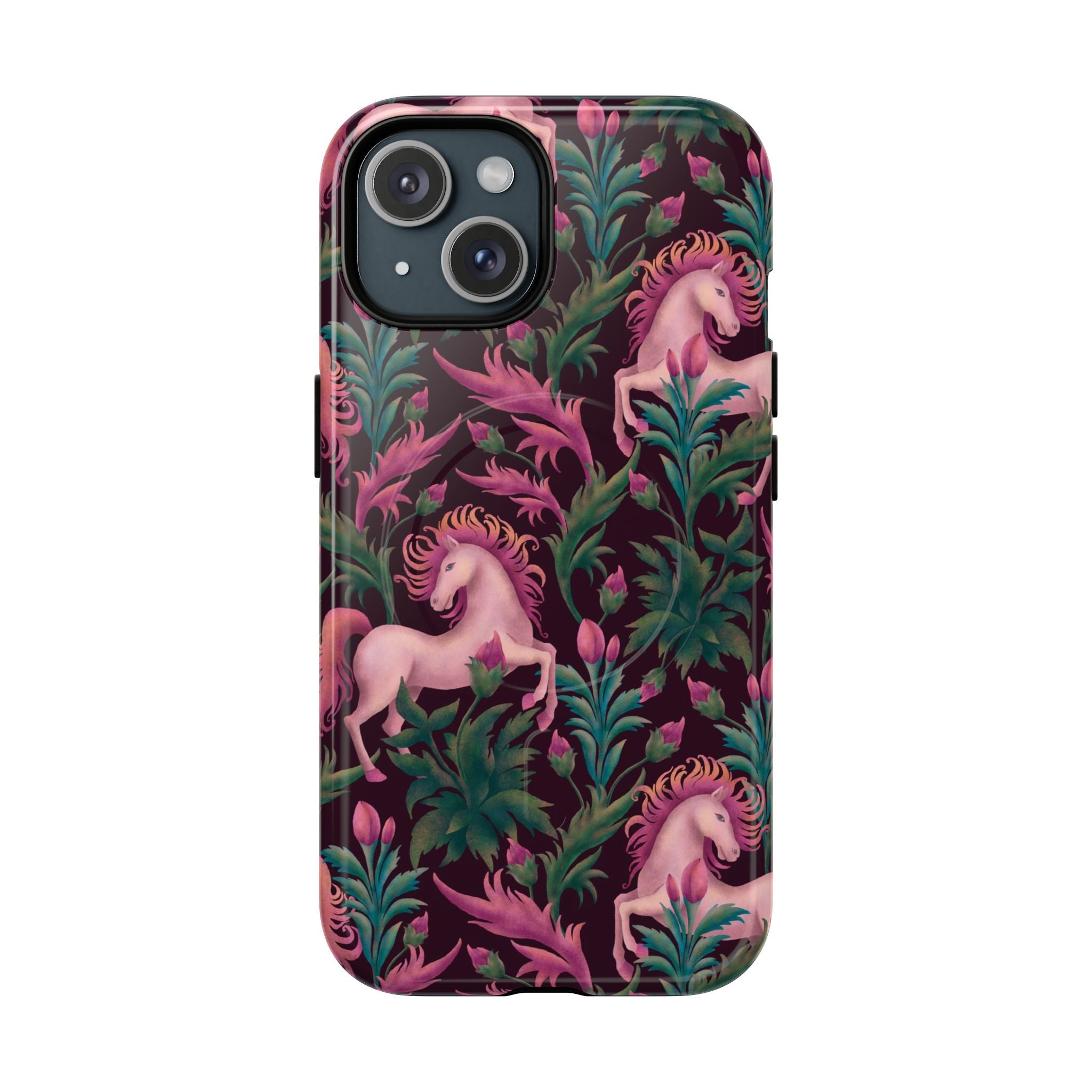 Pink unicorn floral MagSafe phone case with fantasy garden design on white background