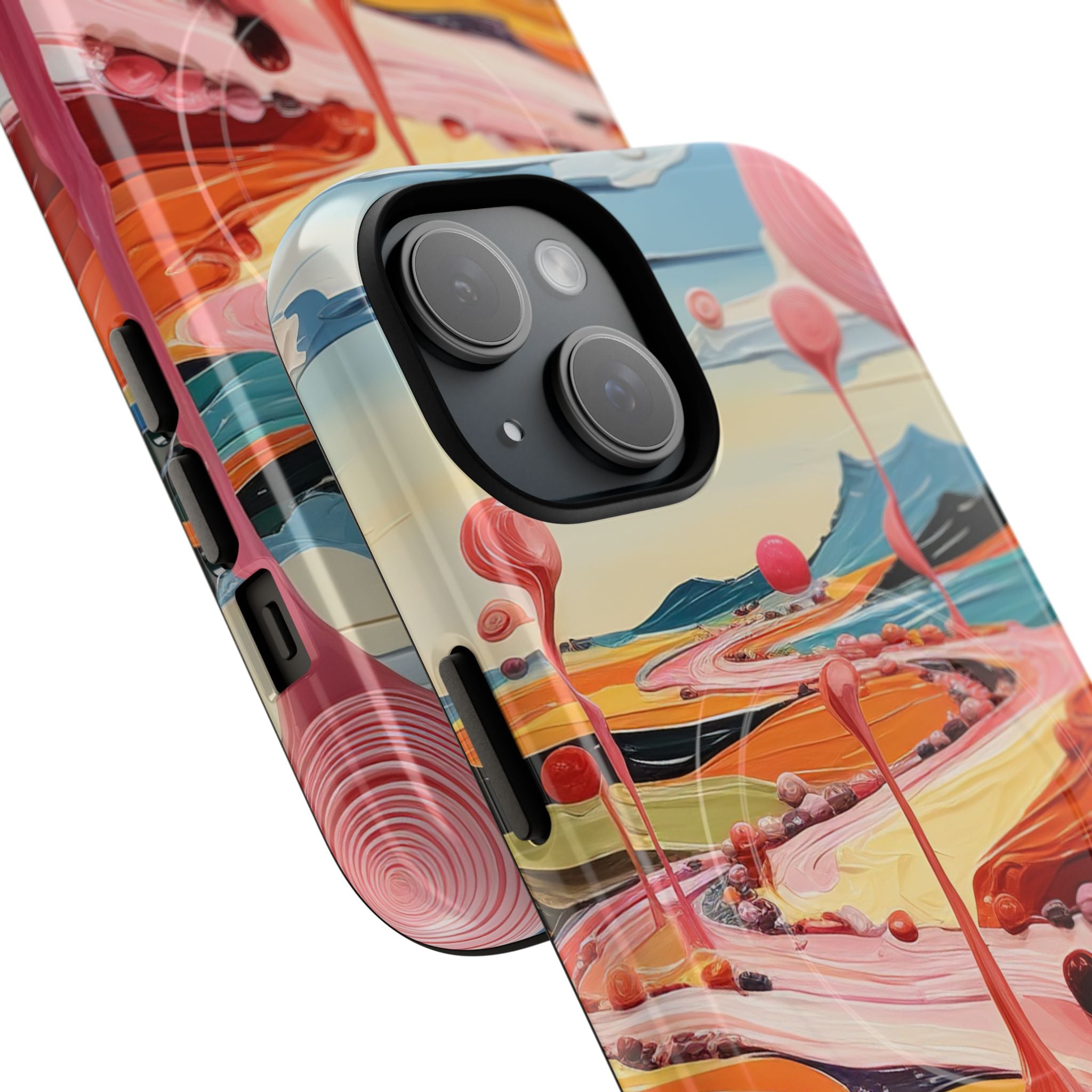 Surreal landscape design with swirling pastel roads, floating orbs, and dreamy mountains on MagSafe-compatible dual-layer iPhone case