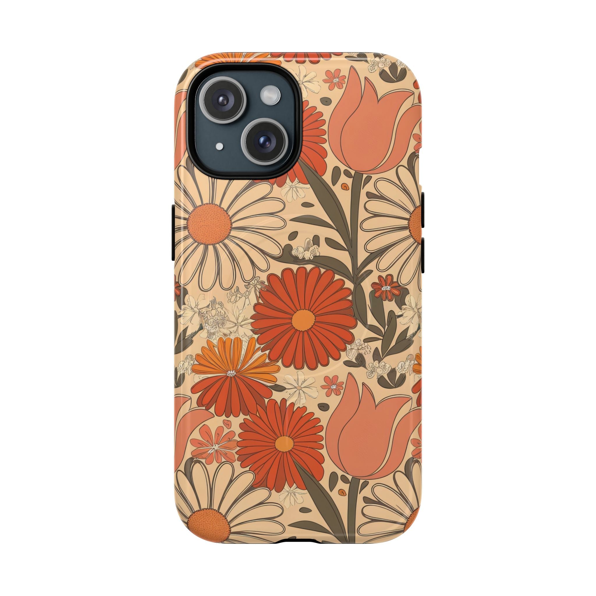  Retro Floral Phone Case with Orange Daisy and Tulip Design and MagSafe