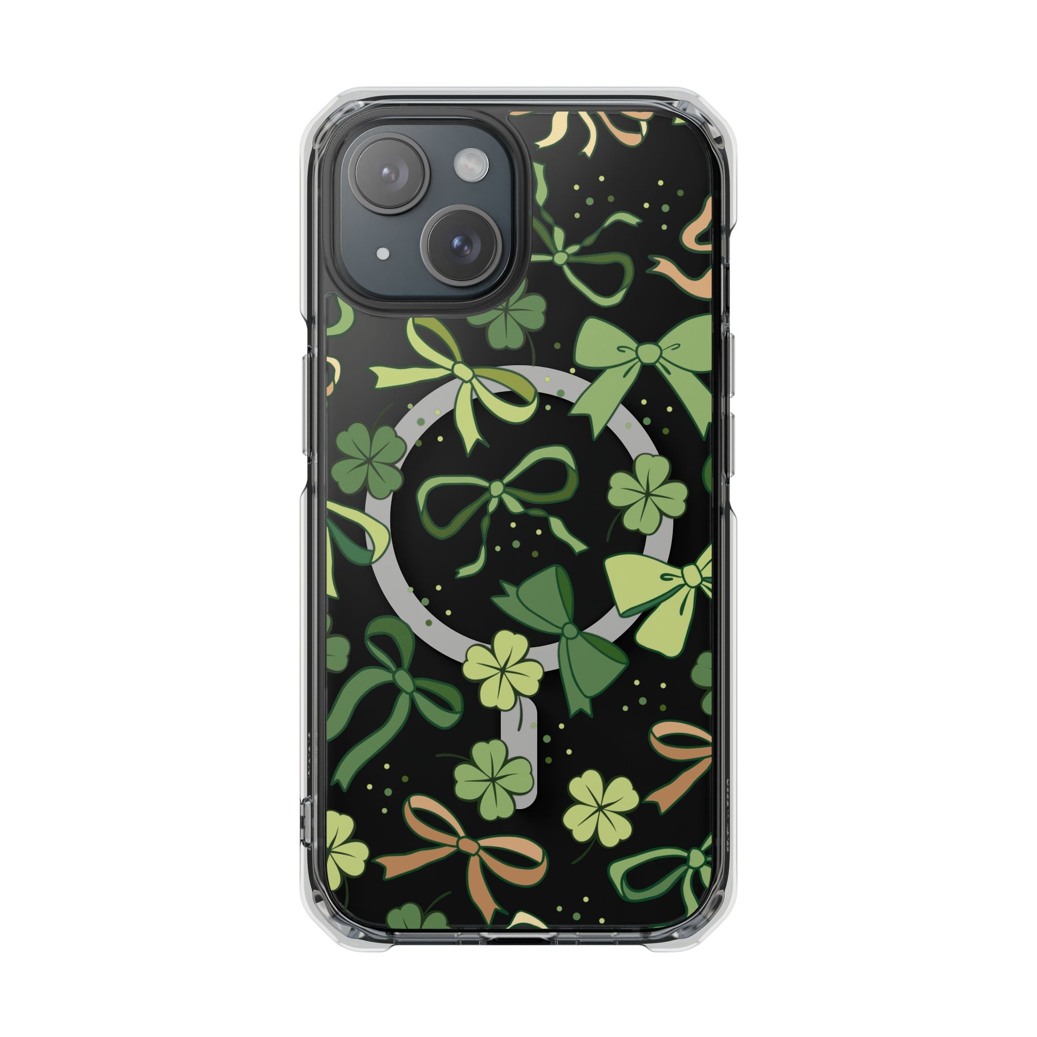 St. Patrick's Day Clear Case detail showing MagSafe compatibility and strap holes