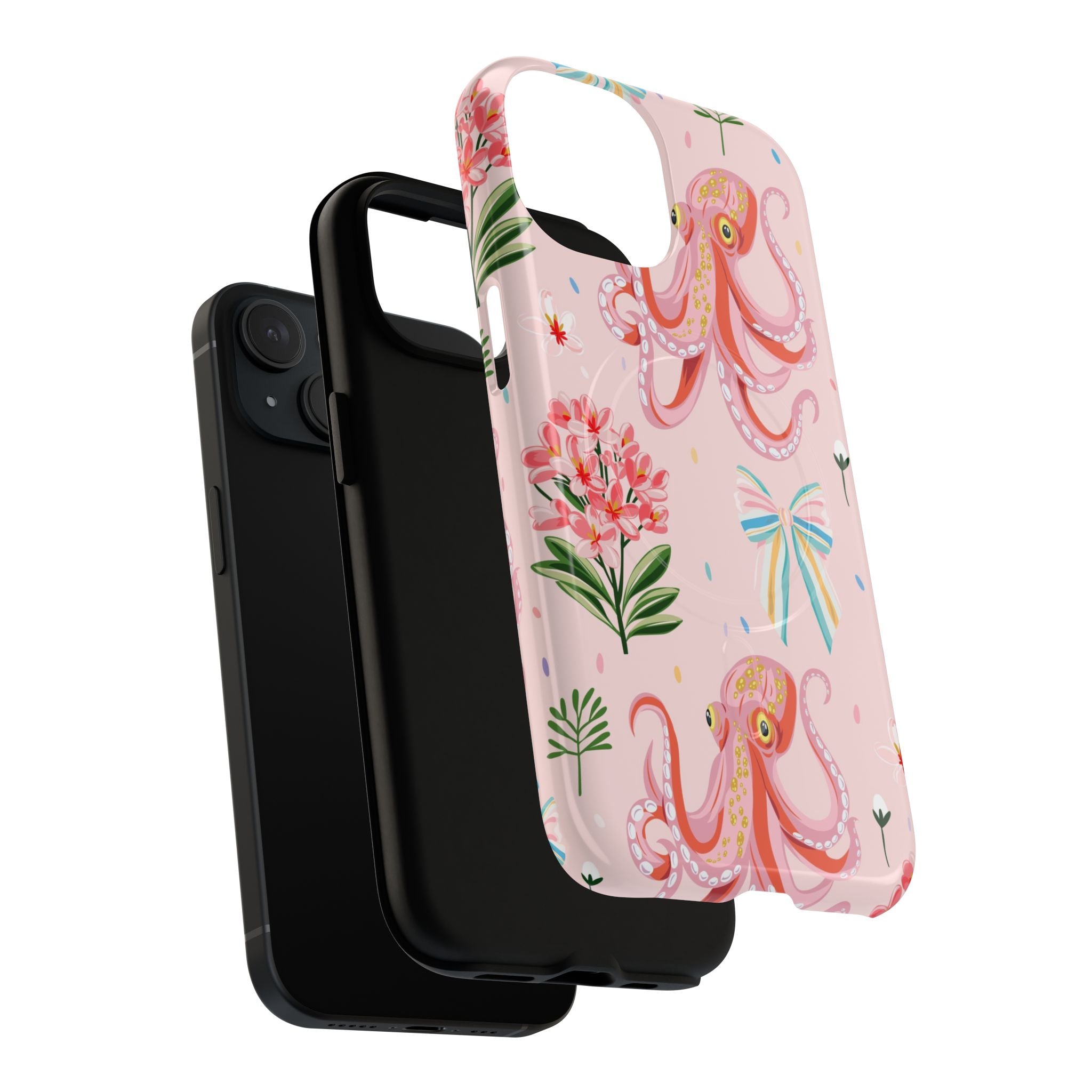 Pink octopus floral MagSafe phone case showing dual-layer protection and precise cutouts