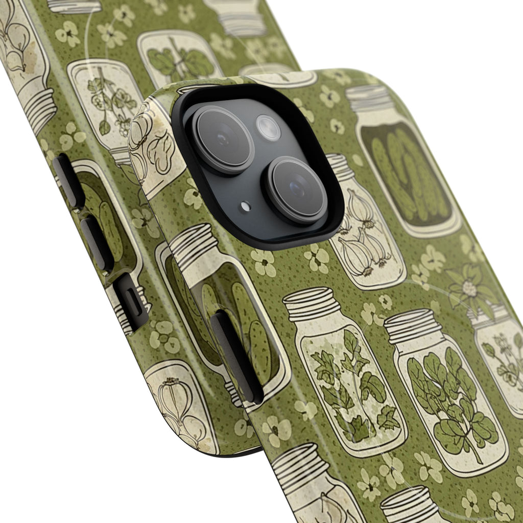 Green mason jar pickle pattern MagSafe phone case featuring hand-drawn vintage jars filled with pickles, herbs, and preserves on olive green background - cottage-core farmhouse iPhone cover with dual-layer protection and wireless charging