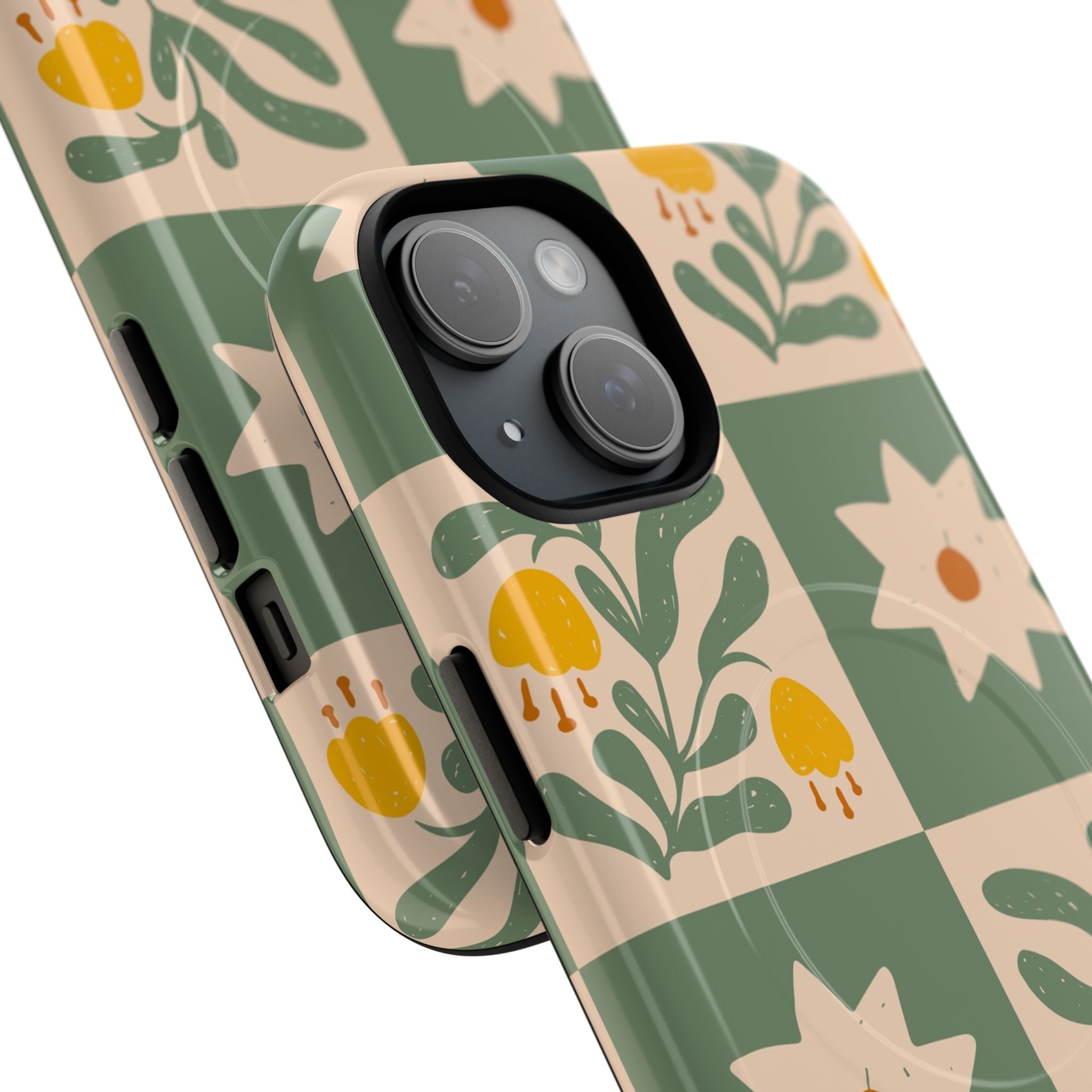 Floral Checkmate Tough Magnetic Phone Case — Green Vintage Daisy Pattern