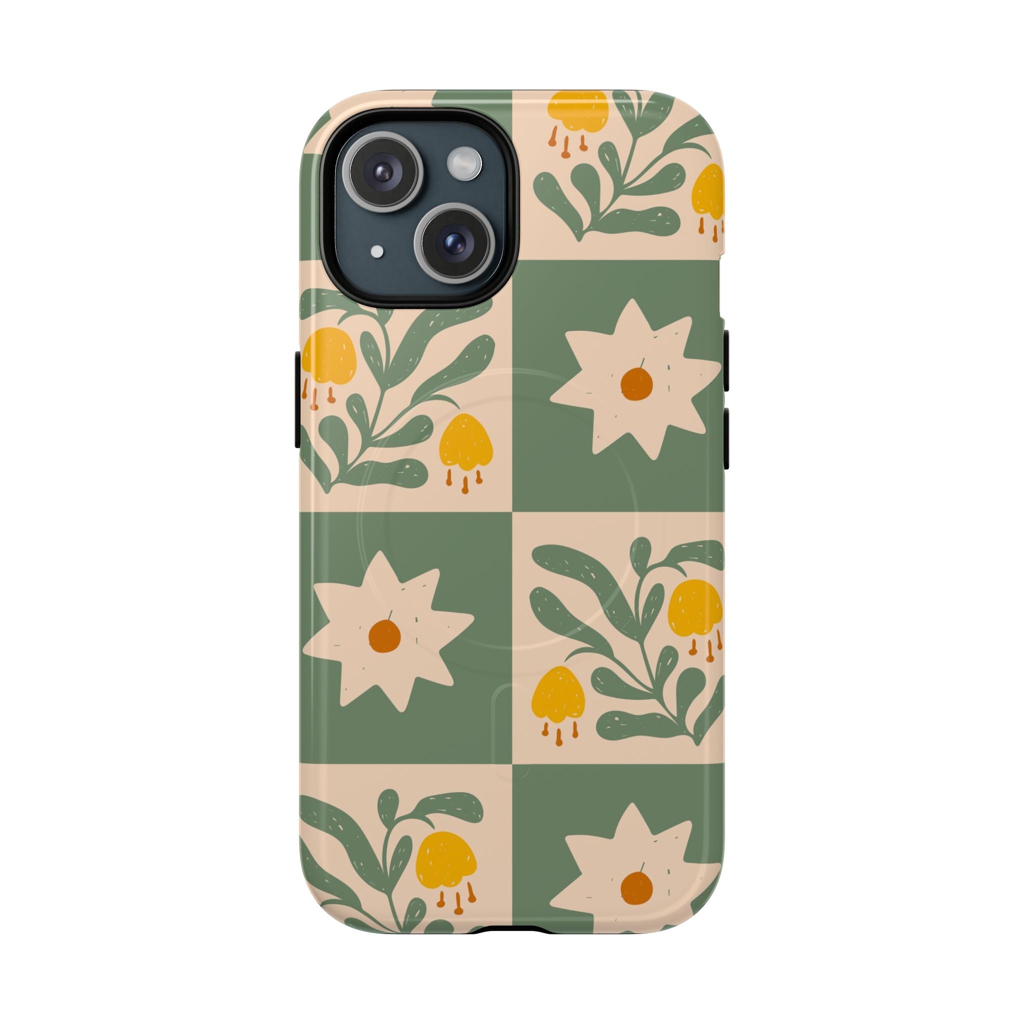 Floral Checkmate Tough Magnetic Phone Case — Green Vintage Daisy Pattern