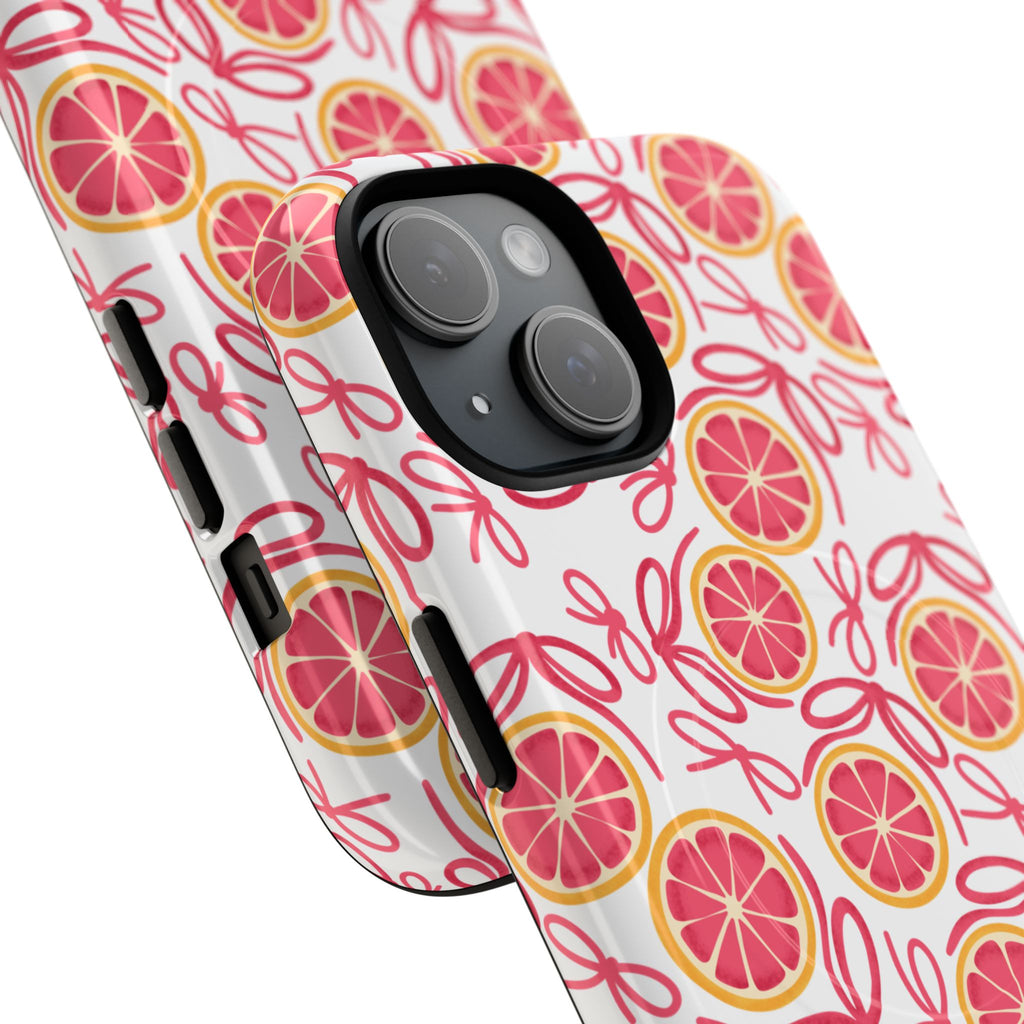 Grapefruit Pattern Phone Case design featuring repeating pink coral grapefruit slices with botanical leaf motifs in warm cheerful tones, nature-inspired citrus fruit pattern for MagSafe compatible protective iPhone case