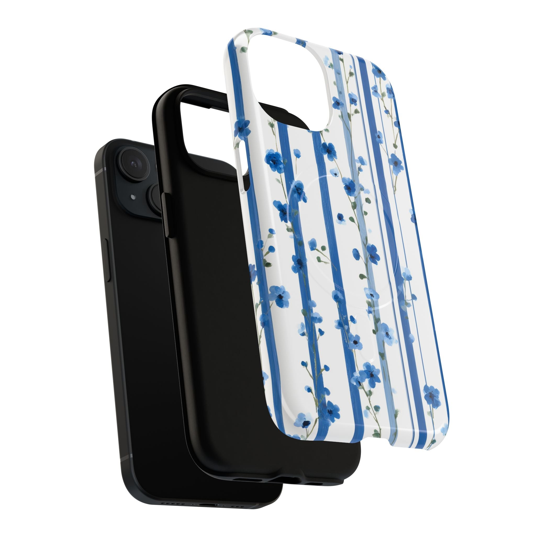 Blue floral stripe tough case showing MagSafe compatibility and dual-layer construction
