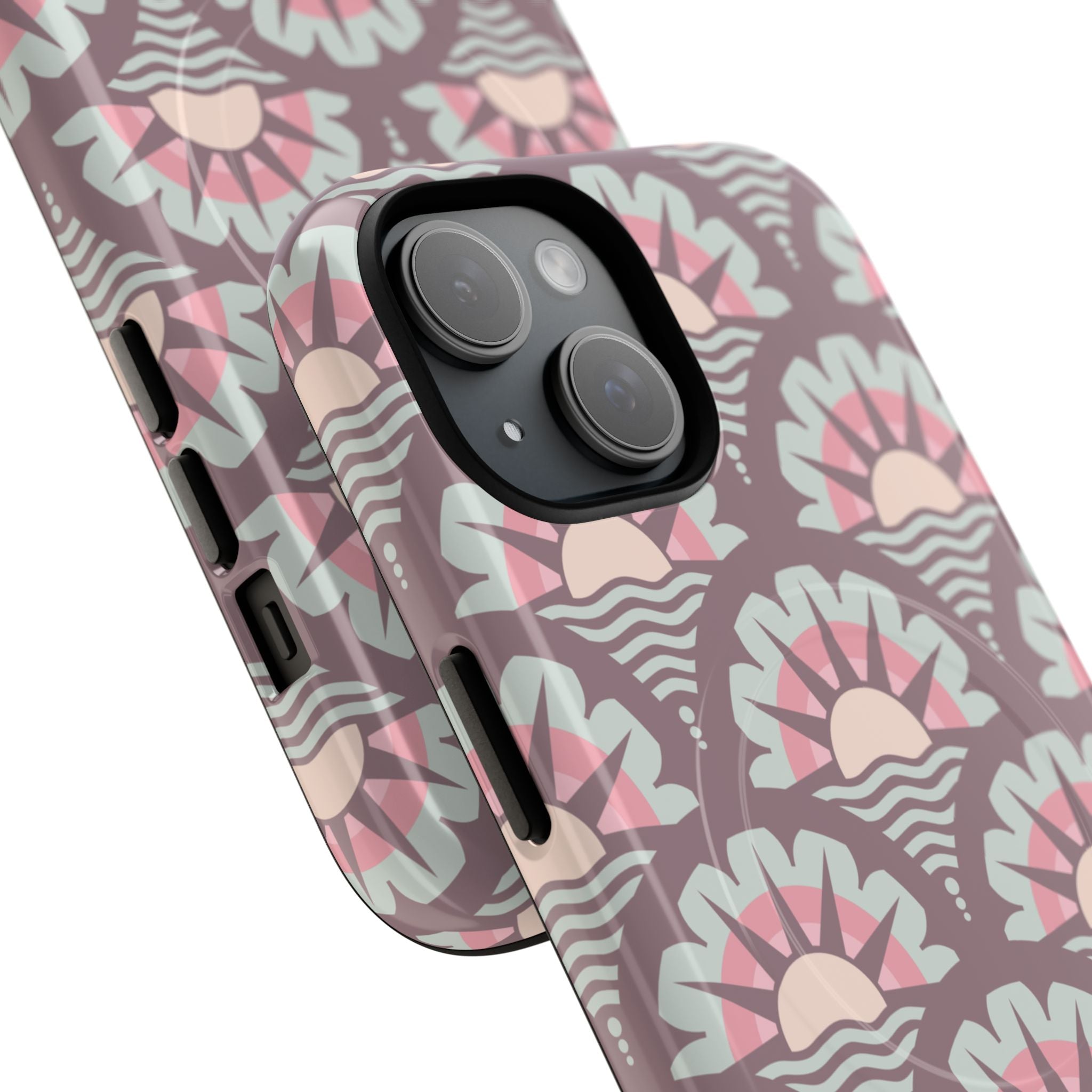 Vintage floral sunset pattern with stylized sun and wave motifs in muted mauve, soft pink, and mint green accents on MagSafe-compatible dual-layer iPhone case