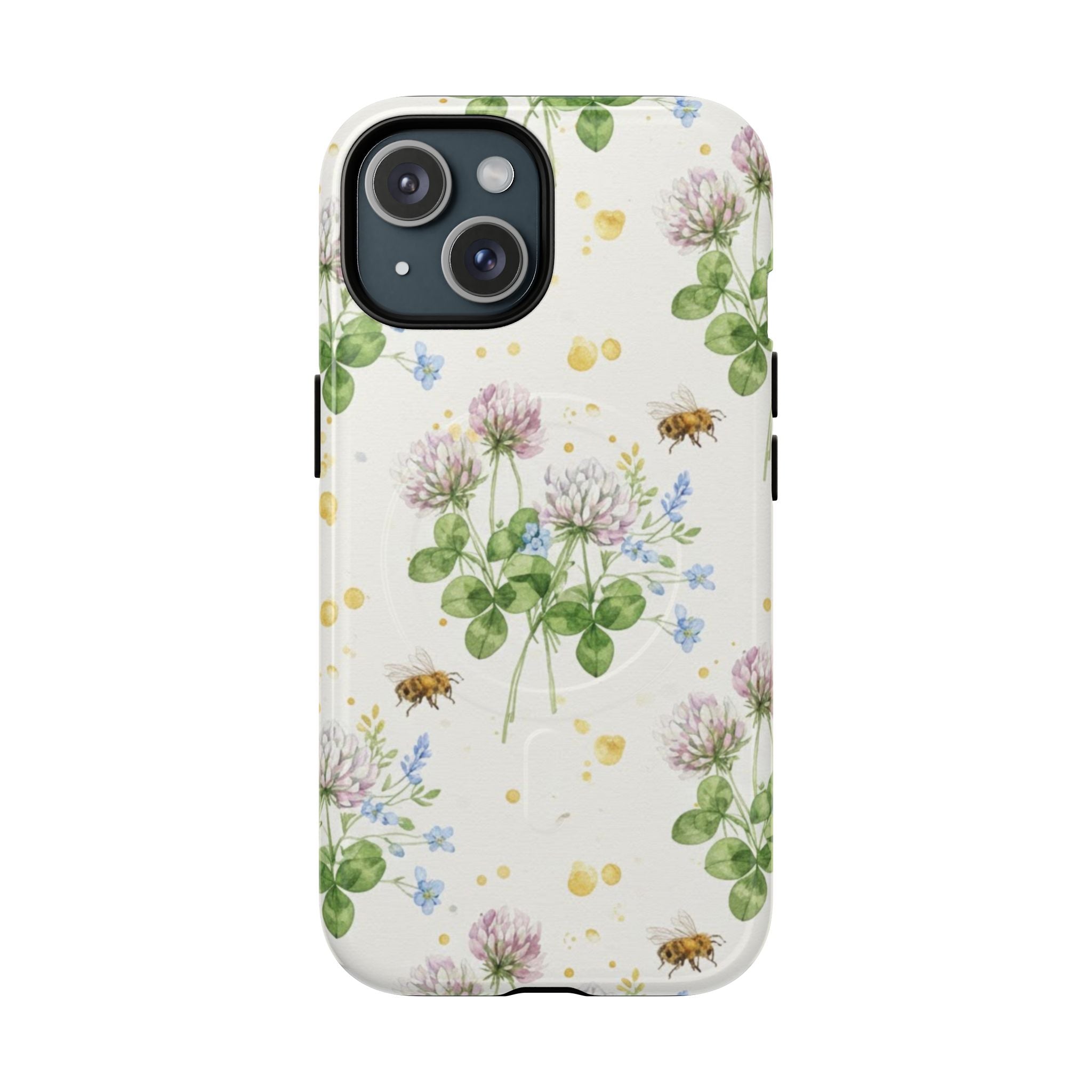 Floral Clover and Bees Phone Case with Garden Design and MagSafe