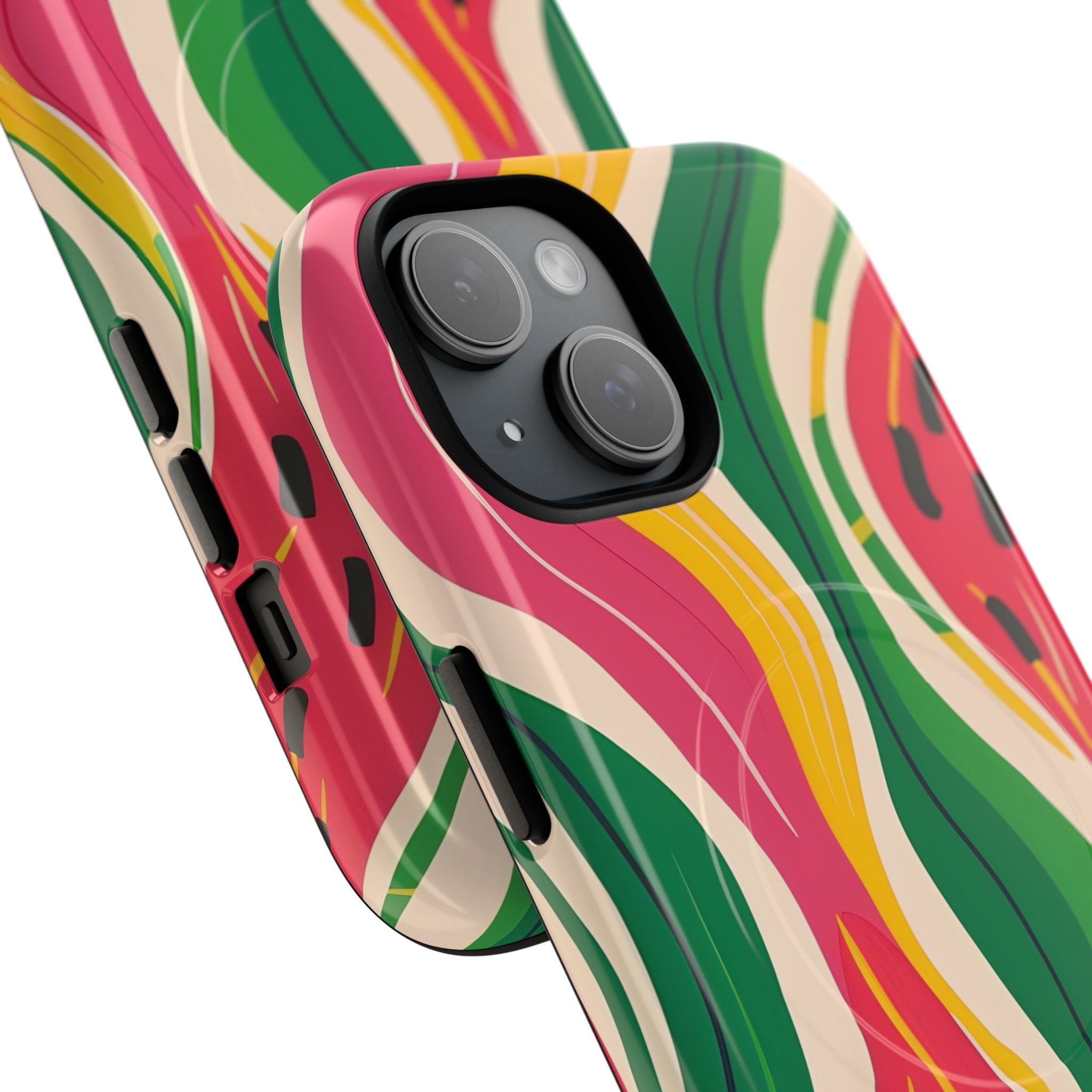 Watermelon wave tough magnetic phone case featuring vibrant abstract flowing pattern in pink, green, and yellow. Dual-layer protective design with rigid polycarbonate shell and flexible TPU liner. MagSafe compatible with embedded magnets for wireless charging. High-density 3D wrap print in glossy or matte finish. Slim, impact-resistant protection for everyday use.