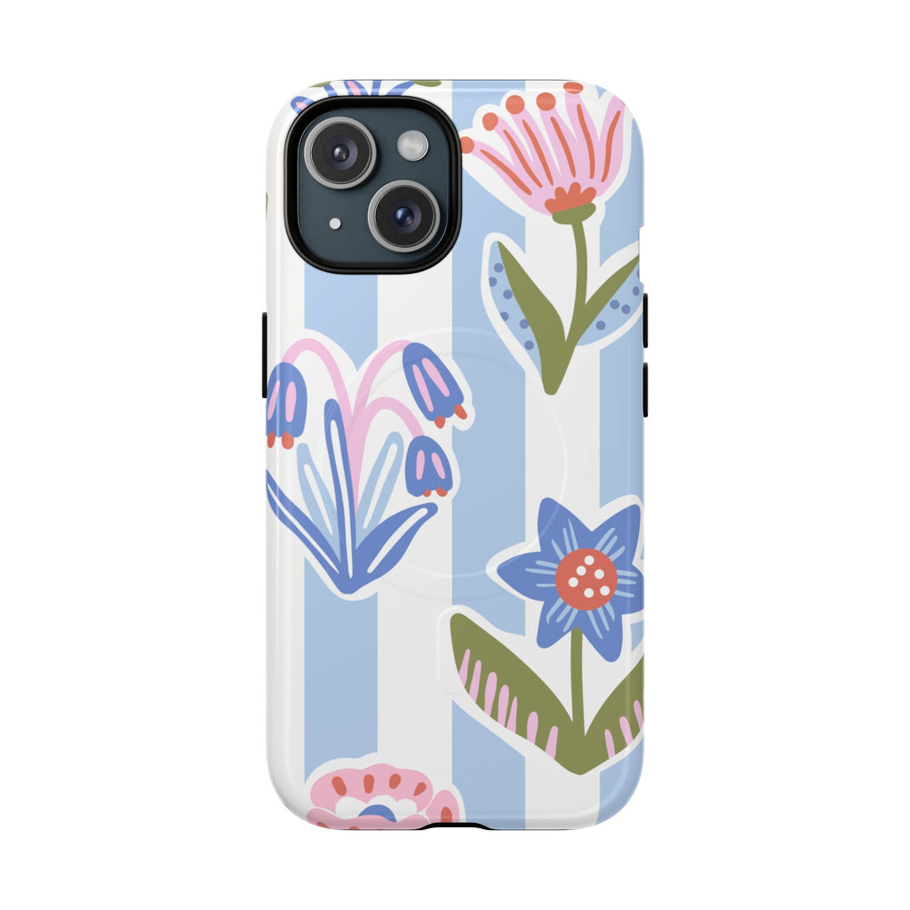 Blue pastel floral stripe MagSafe phone case on white background