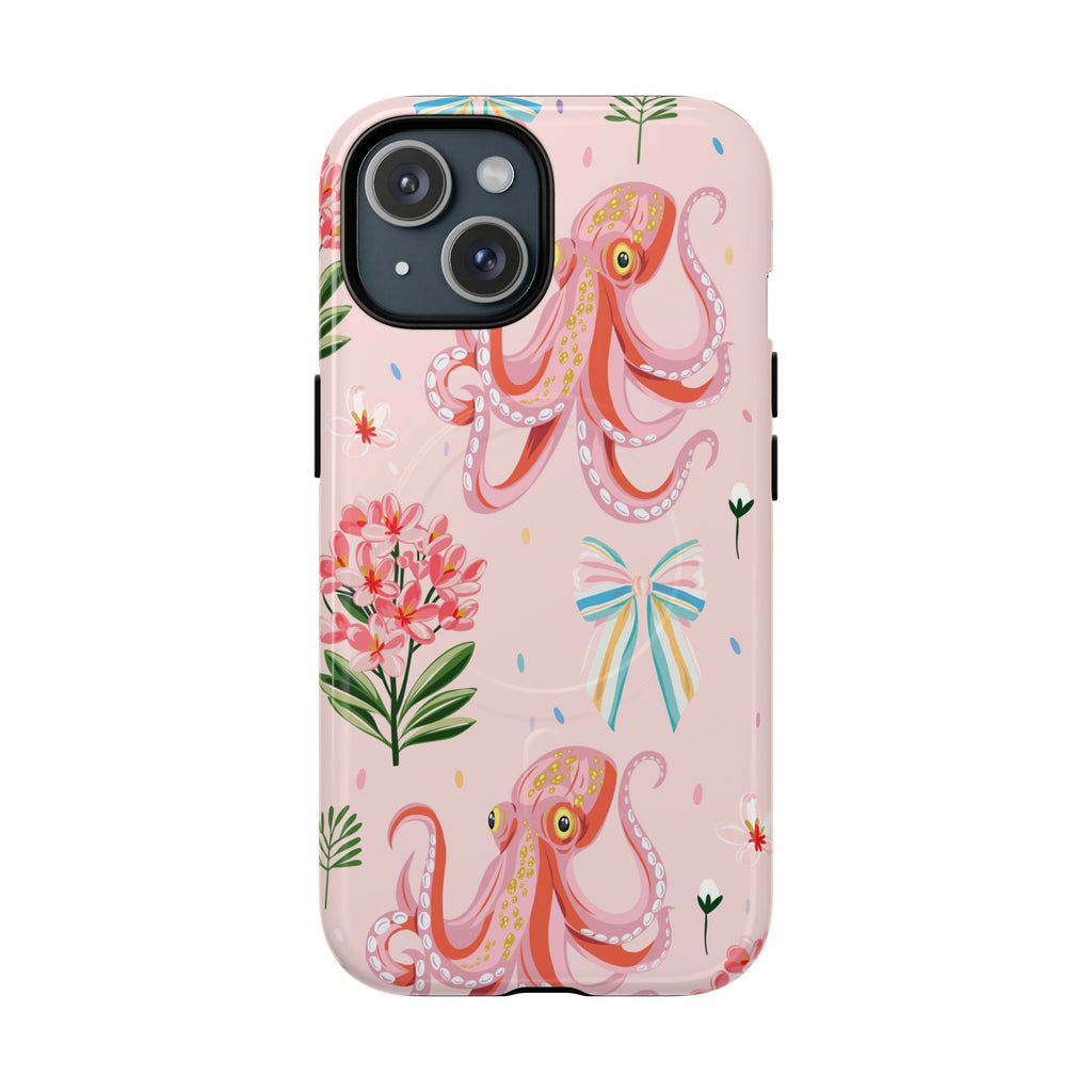 Tough MagSafe phone case with pink octopus and floral design on white iPhone