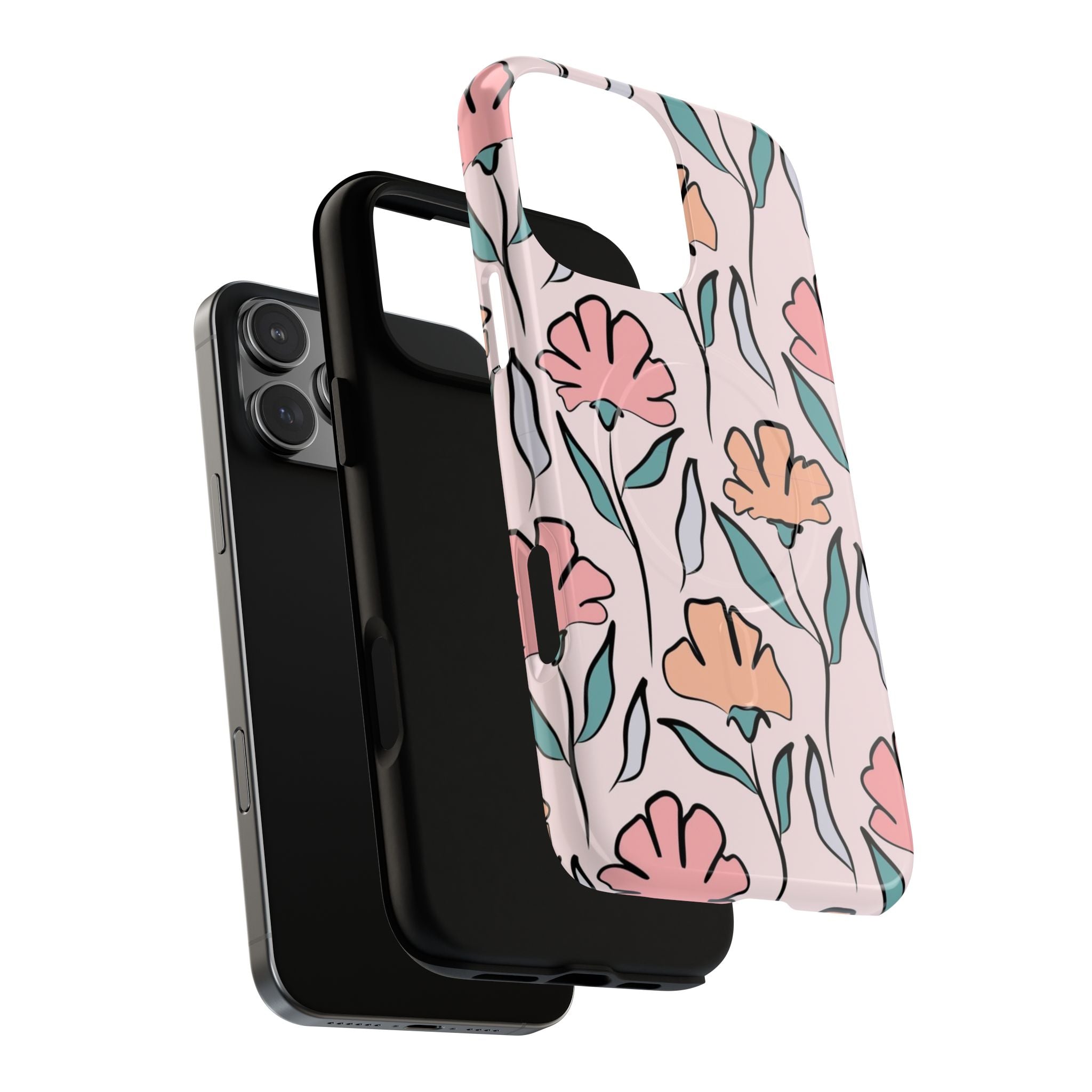 Floral Sketch Tough Magnetic Phone Case — Pink Botanical Protective Cover