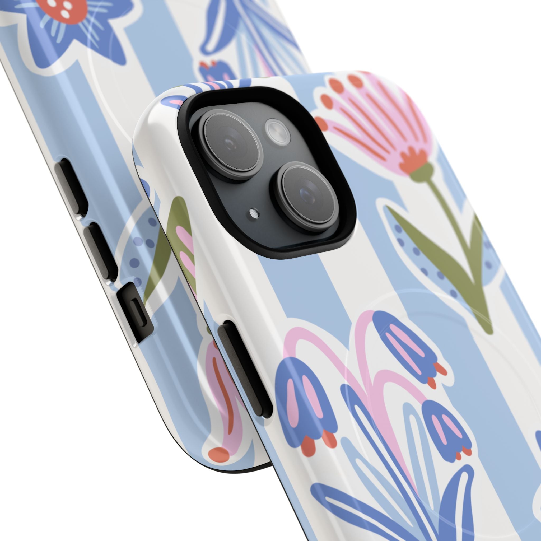 Hand-painted blue and white vertical stripes with delicate pastel floral blooms in soft pink, peach, and cream tones creating a cottage-core garden aesthetic on dual-layer MagSafe-compatible protective phone case with polycarbonate shell