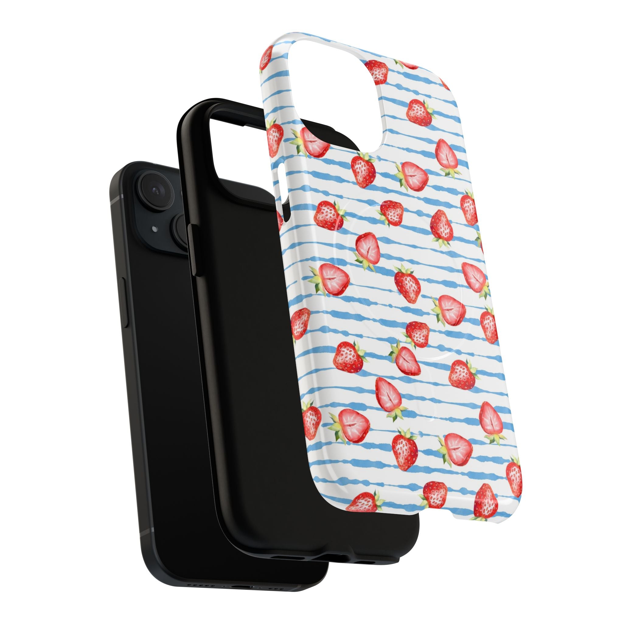 Strawberry Stripe Tough Magnetic Phone Case showing dual-layer protective construction with glossy and matte finish options