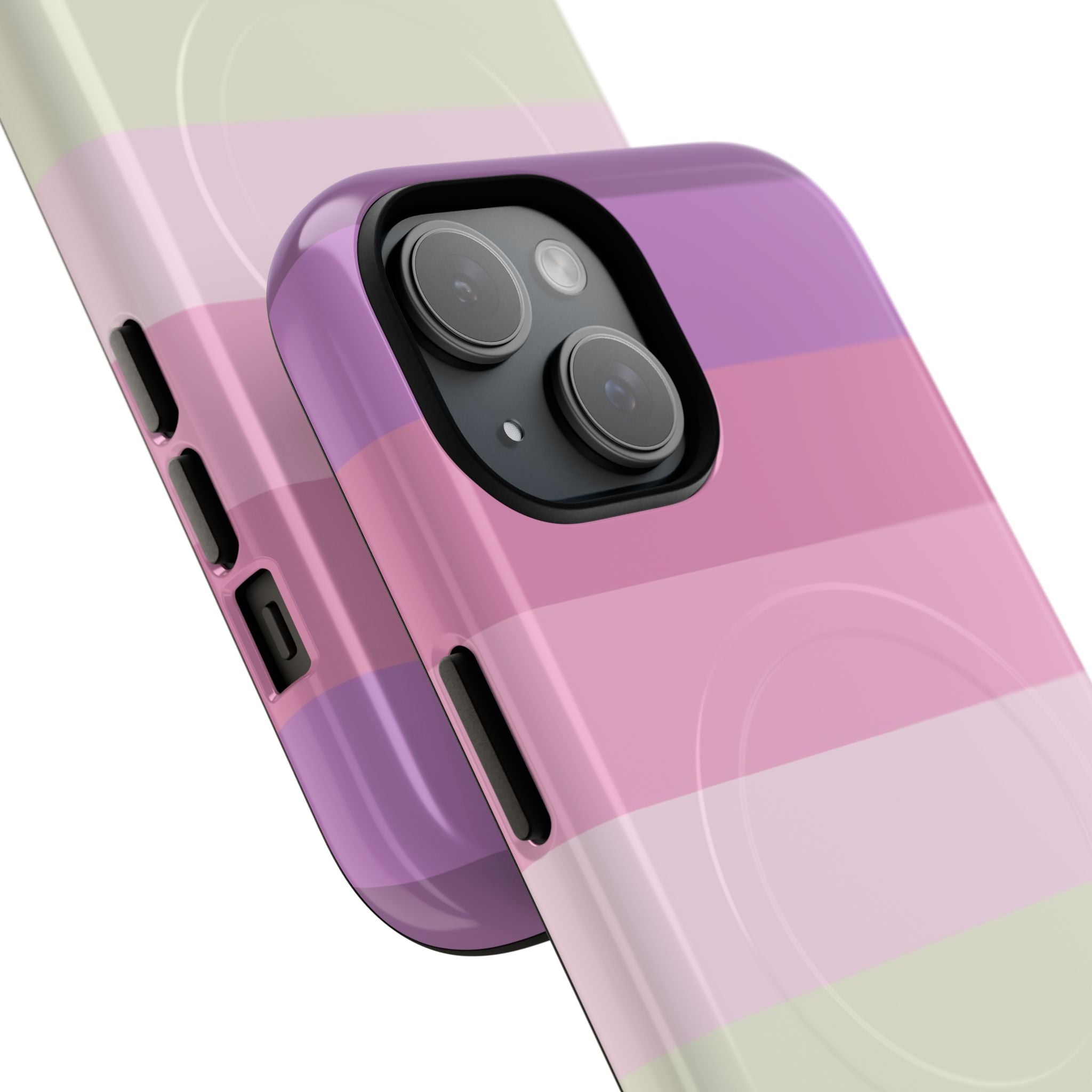 Pastel sunset stripes iPhone case featuring soft horizontal gradient bands in lavender purple, peachy blush pink, cream white, and sage green with MagSafe compatibility for wireless charging and dual-layer protective construction