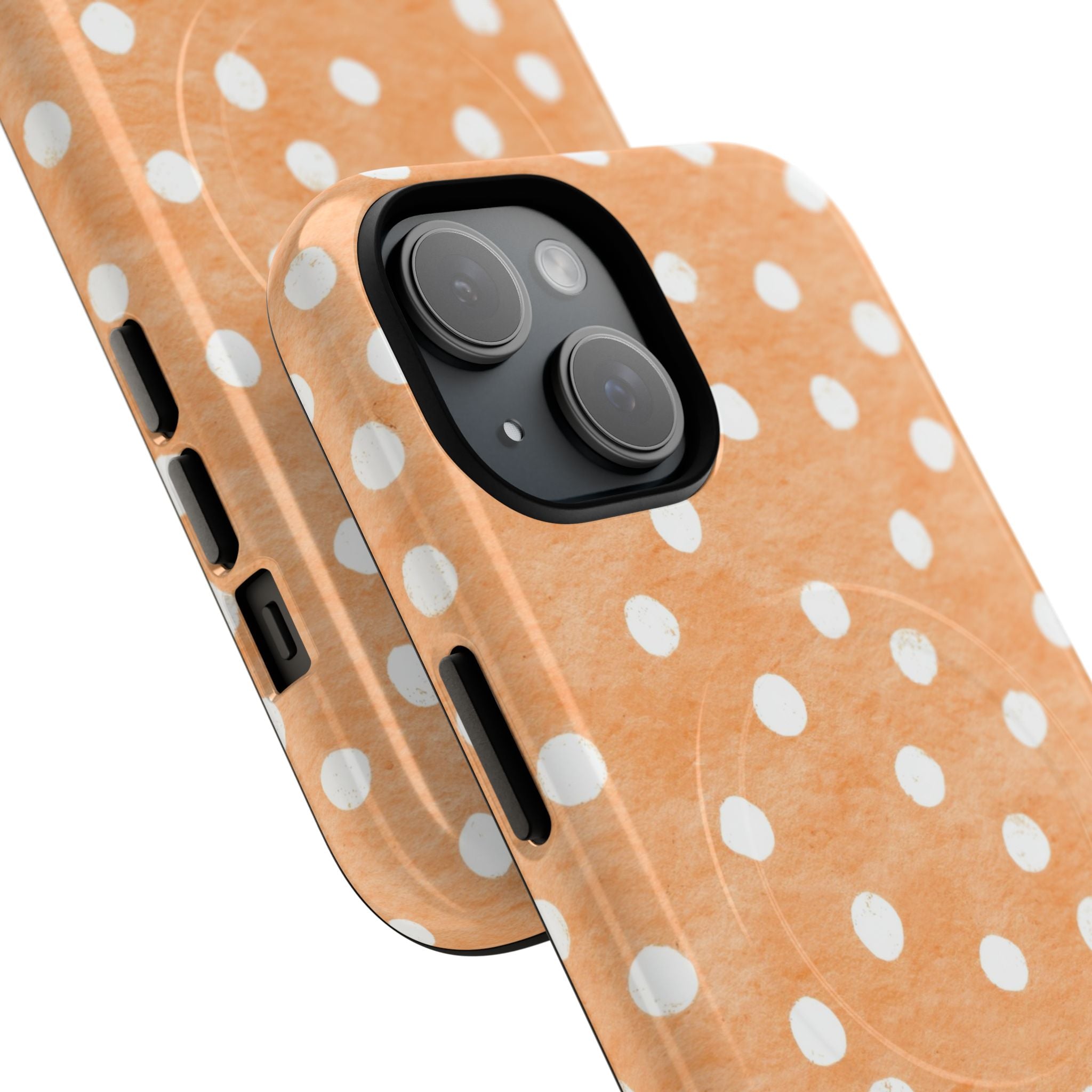 Warm peachy orange background with white polka dots in hand-painted retro pattern - cheerful minimalist phone case design with soft coral tones and playful dot spacing